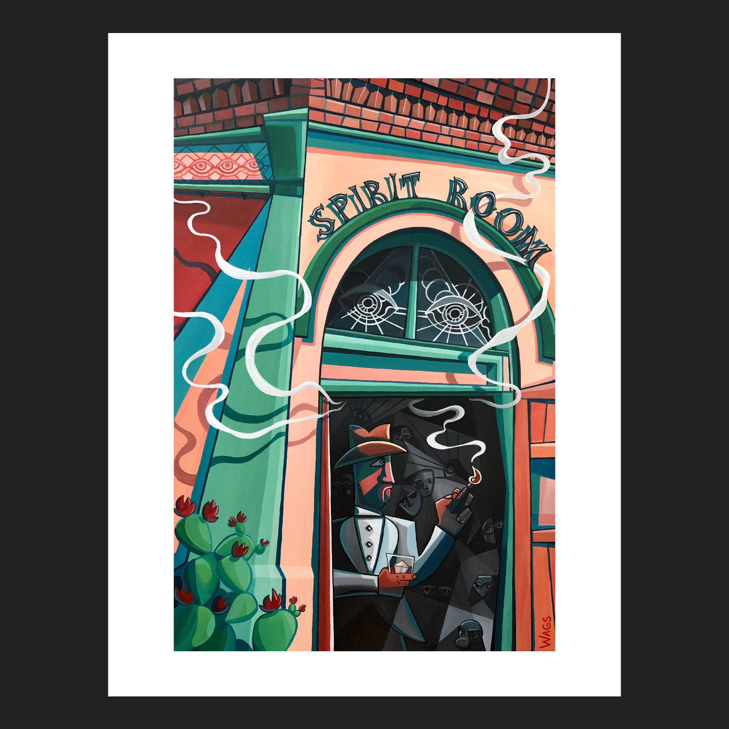 A cowboy drinking whiskey and smoking a cigar in the doorway of a haunted room.