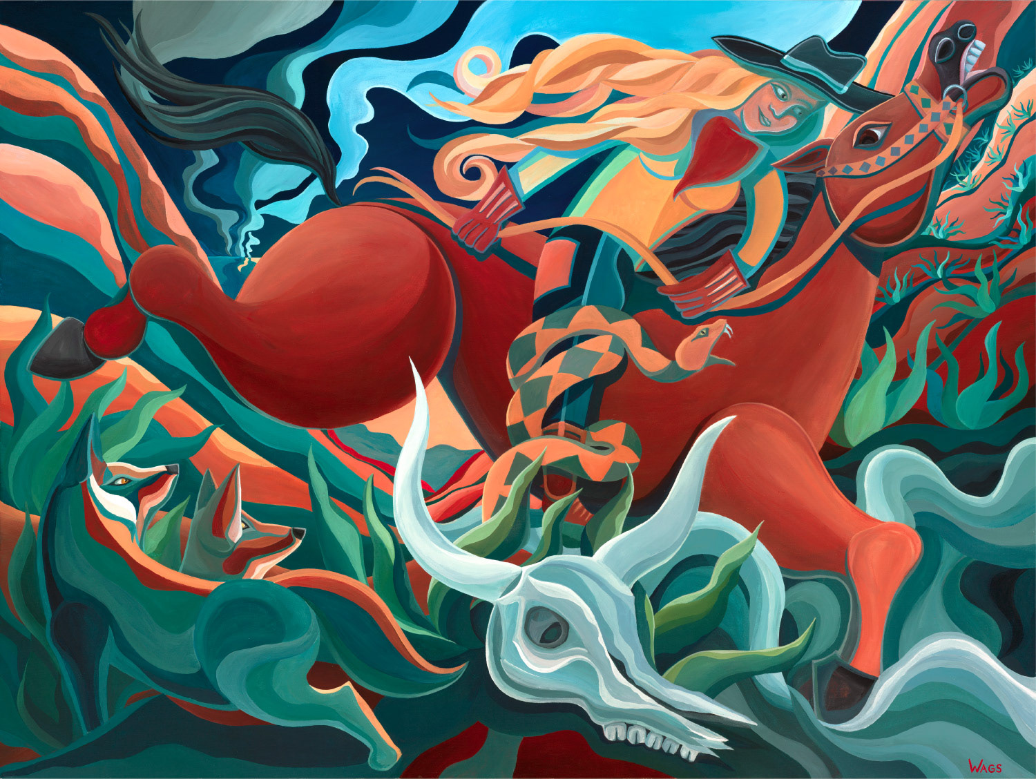 A cowgirl riding a horse through a flooded valley.