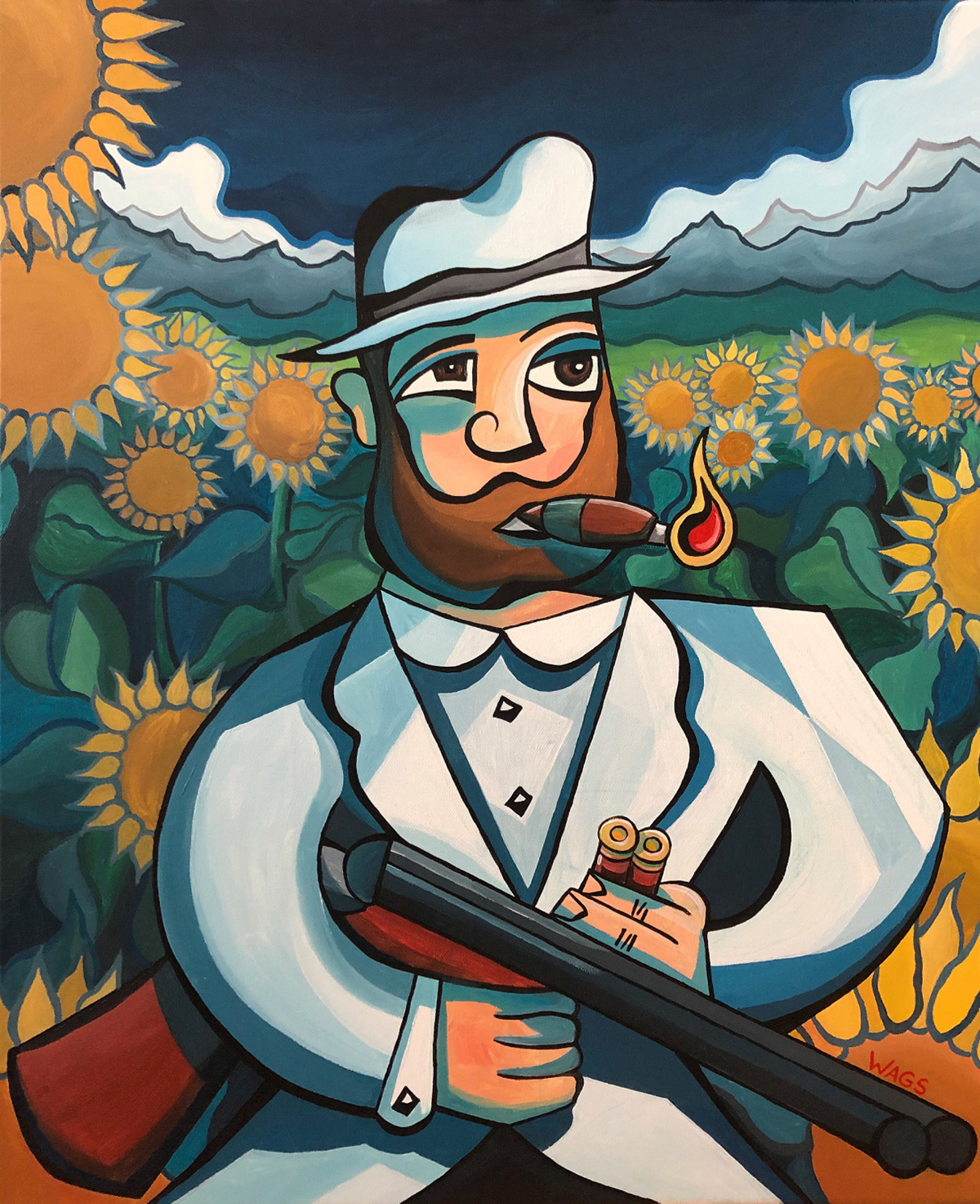 A man holding a shotgun and smoking a cigar is standing in a field of sunflowers with mountains in the background.