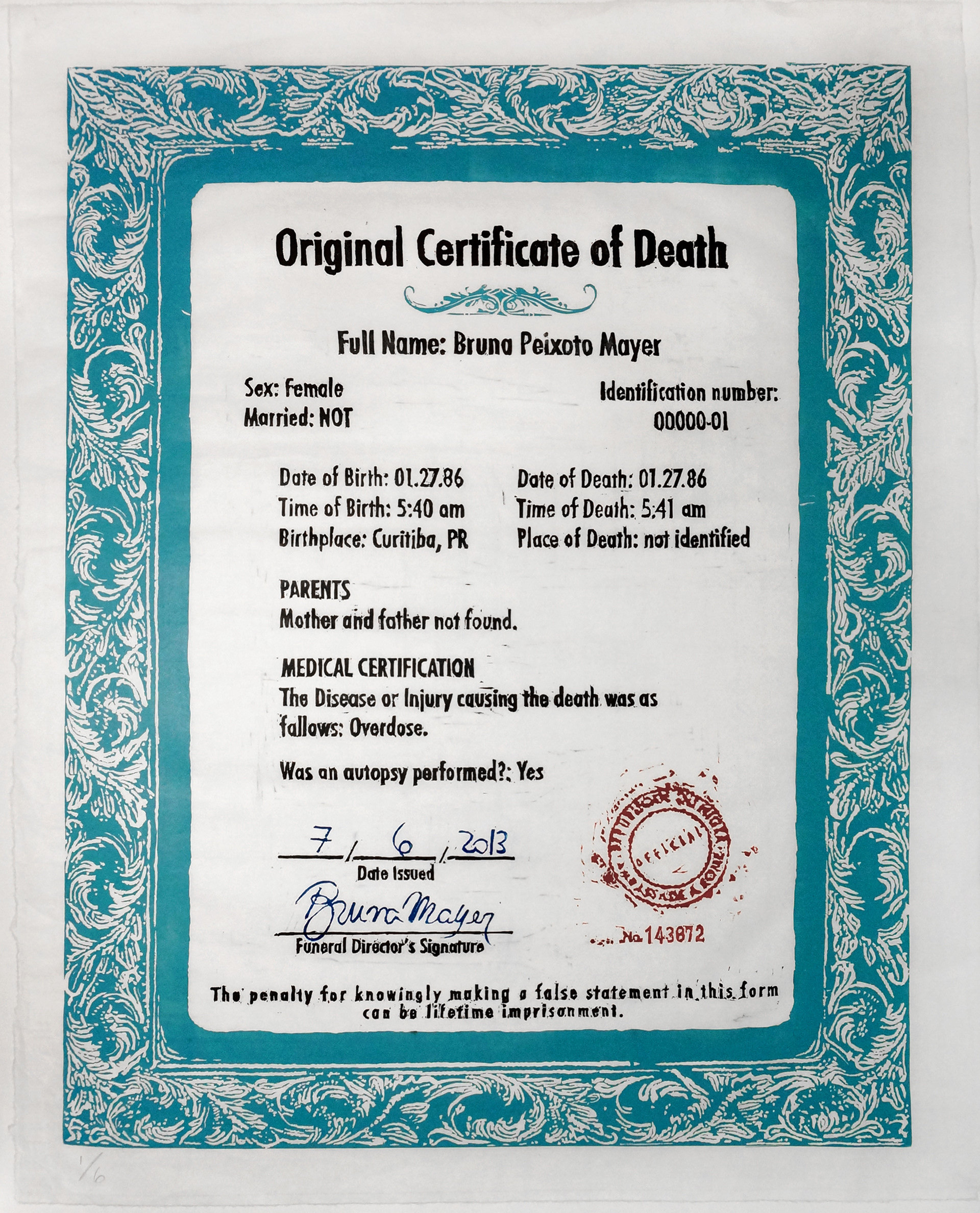 Bruna Mayer, art, arte,  gravura, atestado de óbito, original certificate of death, printmaking  arte contemporânea contemporary art