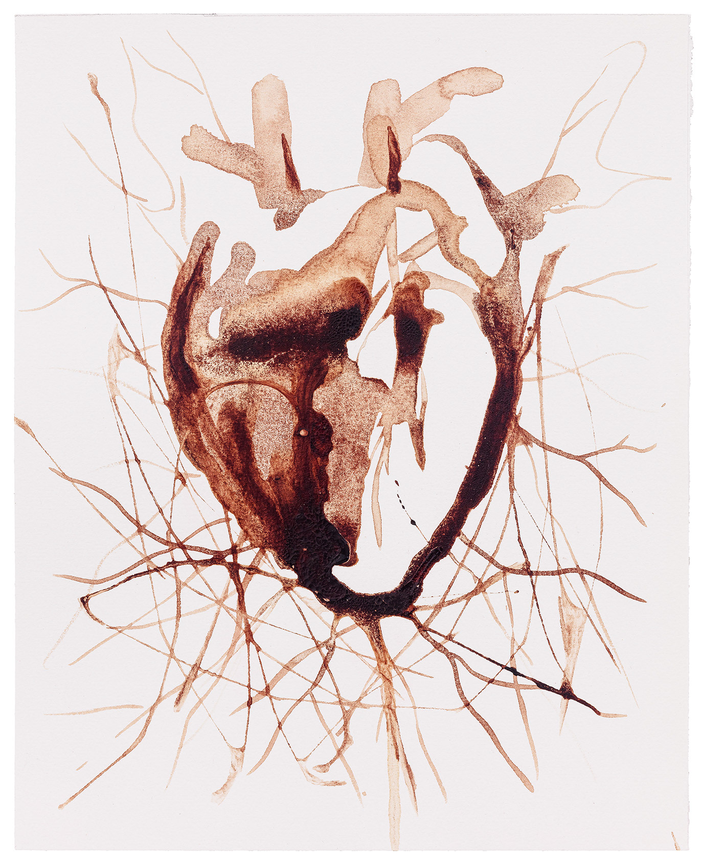 Para Ti, O Universo – série de pinturas feitas com sangue de uma perda gestacional. Pintura com forma orgânica lembrando um coração, em tons de marrom avermelhado. For You, The Universe – series of paintings created with the artist’s blood from a pregnancy loss. Painting with an organic form resembling a heart, in reddish-brown tones.