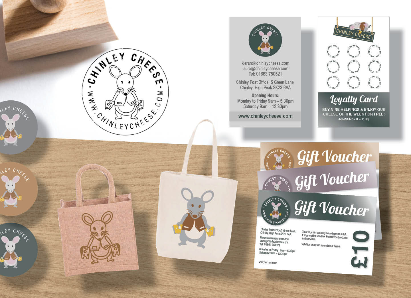 Chinley Cheese / 2016 - 2017 Kieran voulait toute la panoplie graphique nécéssaire à son business pour créer une clientelle loyale. (Bon d’achat, tampons, auto-collant, sac d’achat etc..)
