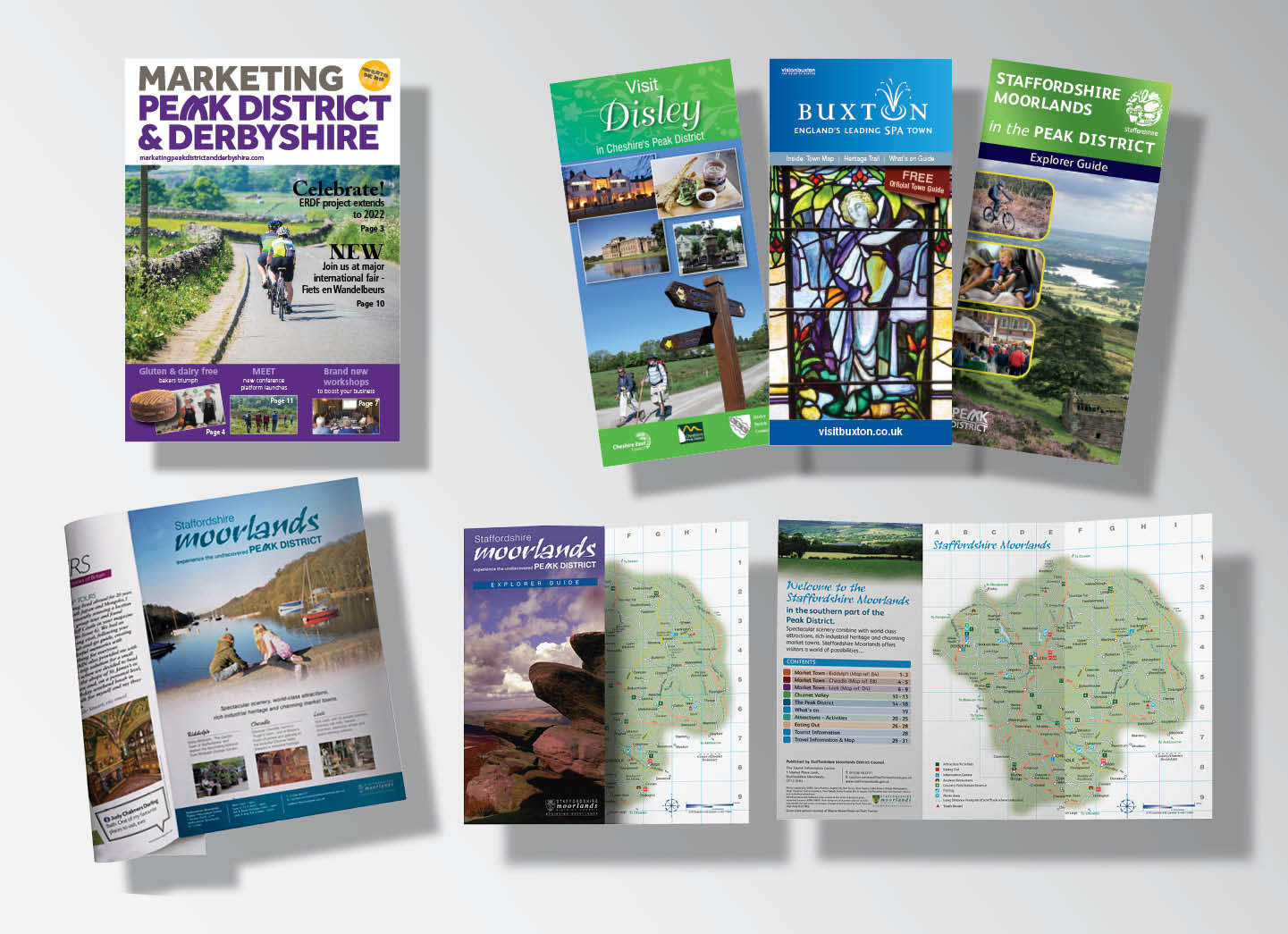 Mise en page graphiques pour différentes organisation touristiques. Supports: flyers, déplients DL de 3 et 6 volets, DL guide de 60 pages et publicités A4.