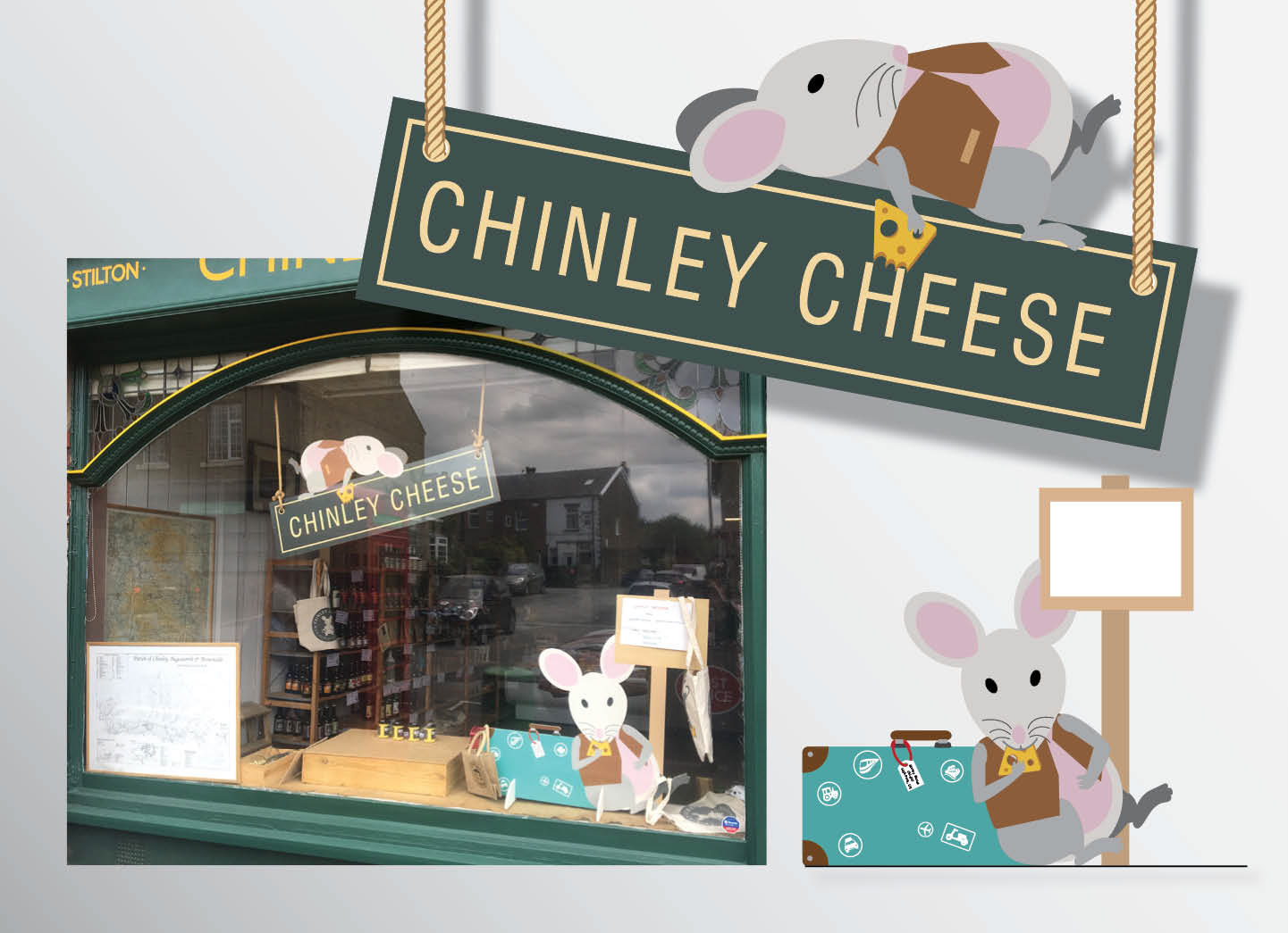Chinley Cheese / 2016 - 2017 Kieran voulait une pancarte pour sa boutique avec l’emblème de la souris Monty que j’avais déja crée pour son logo. Par la suite une autre pancarte de vitrine fut crée pour promouvoir les produits de la semaine.