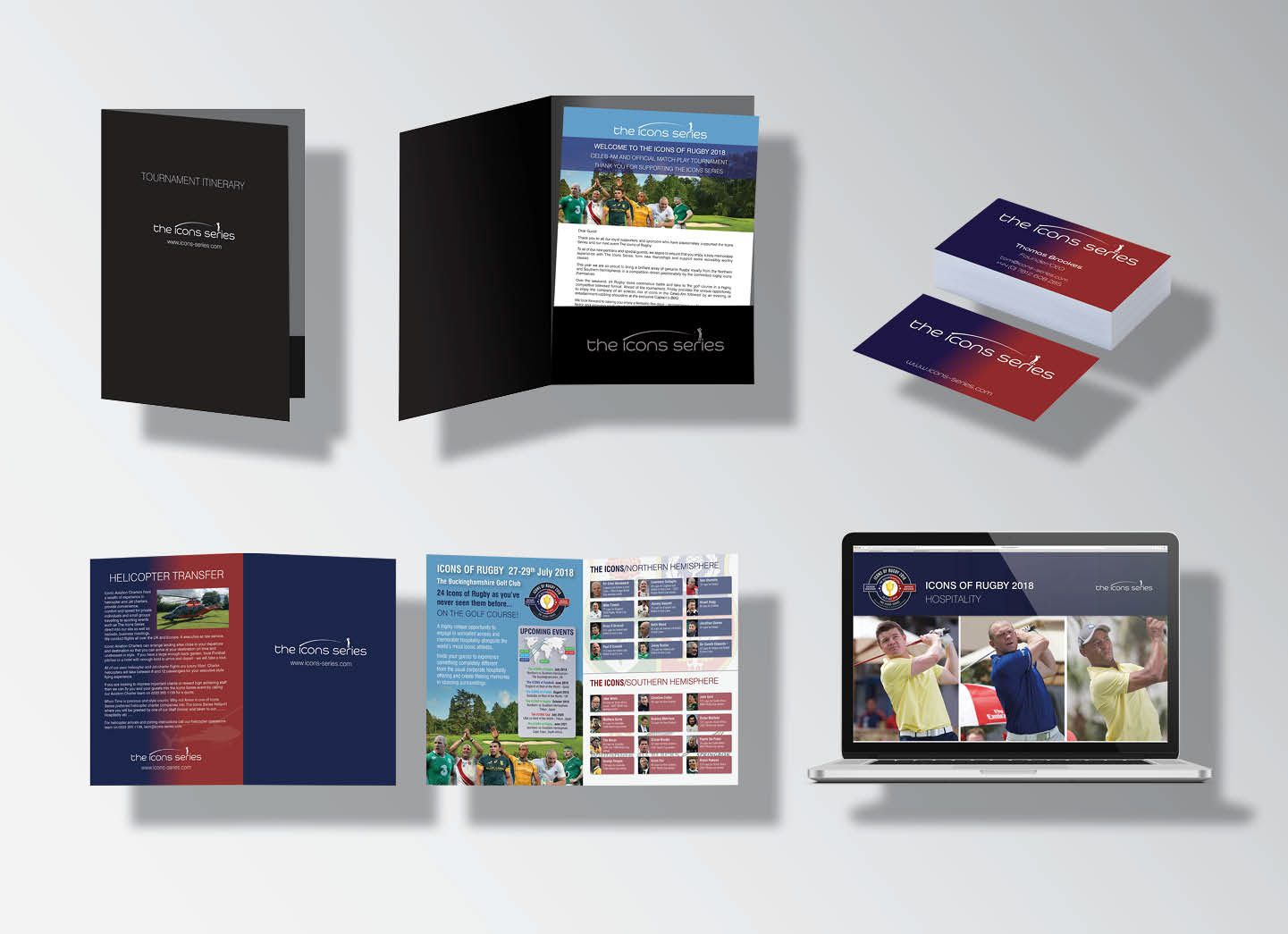 La série Icons du rugby - Buckinghamshire Golf Club / 2018 La série Icons a demandé une série de documents électroniques et imprimés utilisant les couleurs et les polices de caractères de leur identité d’entreprise. La gamme comprenait des designs pour : plusieurs cartes de visite recto-verso, une brochure A6 de 4 pages pour les VIP potentiels, un dossier d’itinéraire du tournoi de couleur noire et gloss A4 comprenant une lettre mis en page. En outre, de nombreux dépliants, affiches publicitaires pour magazines ont été conçus.