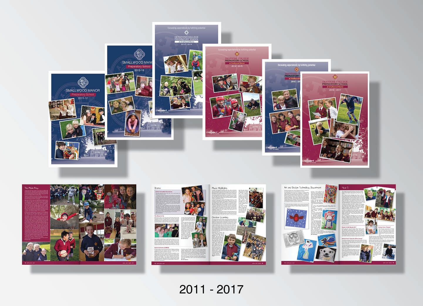 Magazine scolaire annuel / 2011- 2018 Ce magazine coloré de 24 pages affiche les progrès et les réalisations annuels des enfants. Le programme était clair, lisible et utilisait les couleurs de l’école.