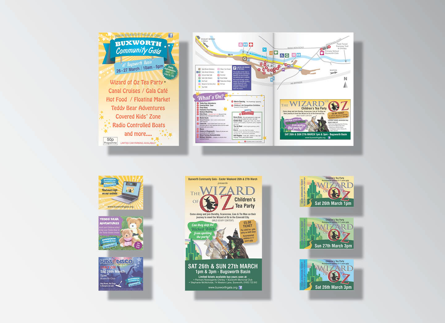 j’ai crée une identité pour le gala de Buxworth et l’ais utilisée sur les différents supports imprimés et plateformes sociales. Le gala a pris pendant 2 ans et la gamme de designs comprenait un programme de 8 pages, des affiches, des dépliants, des images pour le site web et Facebook et également une identité pour le spectacle thématique pour enfants (billets, affiches, dépliants, images Facebook).