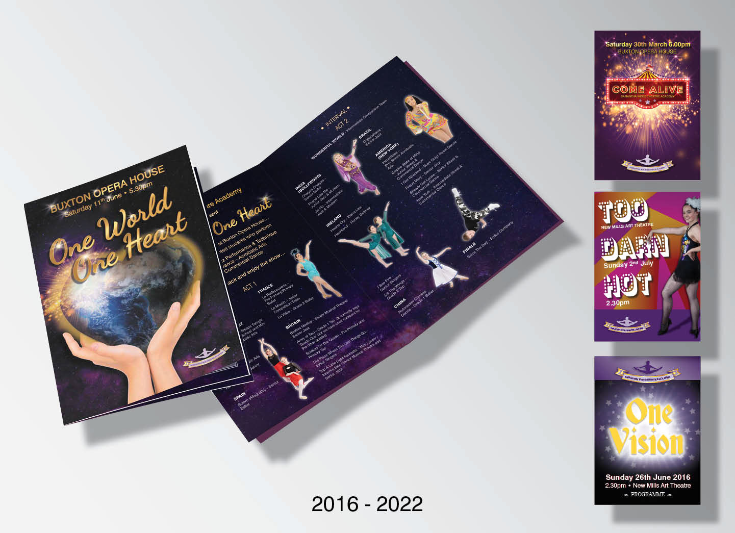 J’ai crée plusieurs identités pour les spectacles de danse de Samanta Wood Theatre Academy de 2016 à 2022. Le brief du client consistait à créer un univere différent pour chaque spectacle tout en utilisant leur couleurs. Les supports imprimés allaient du programme A5 de 8 pages déclinés en flyers et images pour les réseaux sociaux.