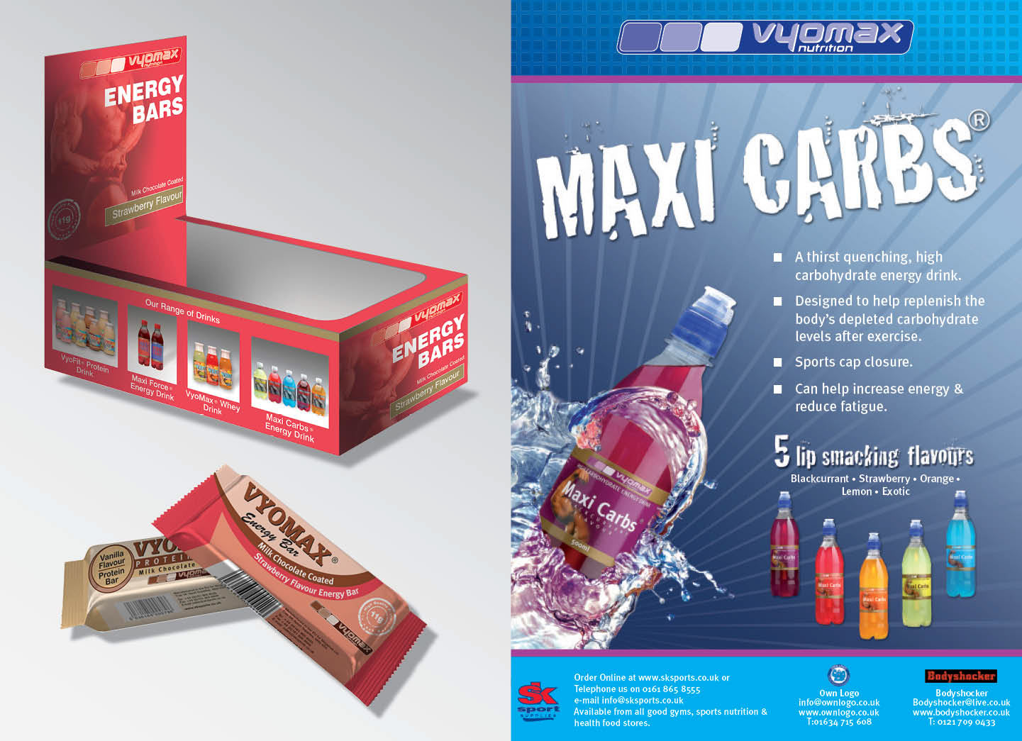Packaging for Vyomax / 2008 Le mandat du client était d’utiliser leur conception existante sur différents produits d’emballage tels que les bouteilles, les cartons Tetra Pak®, les boites de pilules, les barres alimentaires énergétiques et leur présentoirs. En plus des emballages des produits, j’ai conçu de nombreuses affiches et publicités tout en respectant la chartes graphique de la marque.
