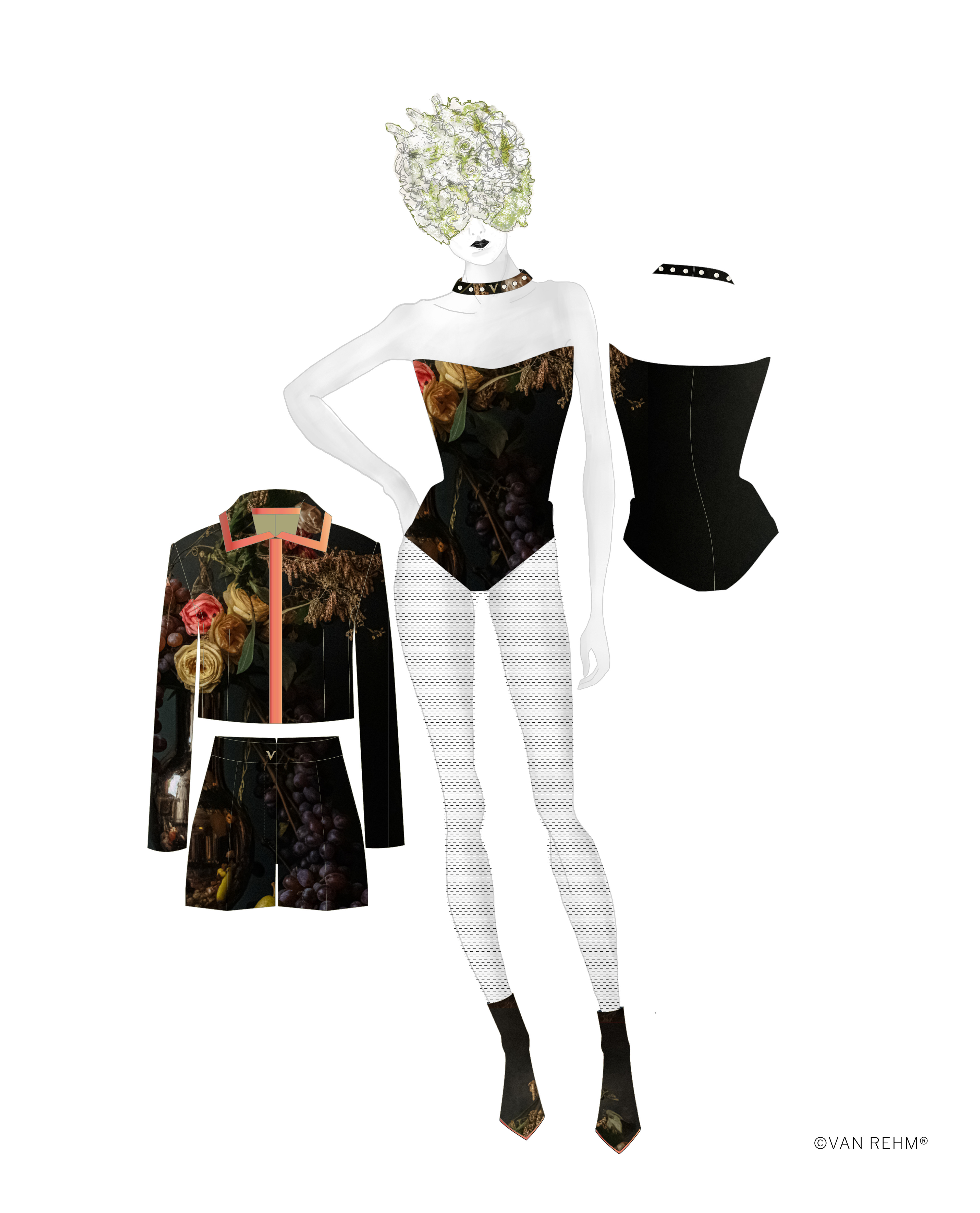 Corsage Body, Choker, Cropped Jacket & Shorts