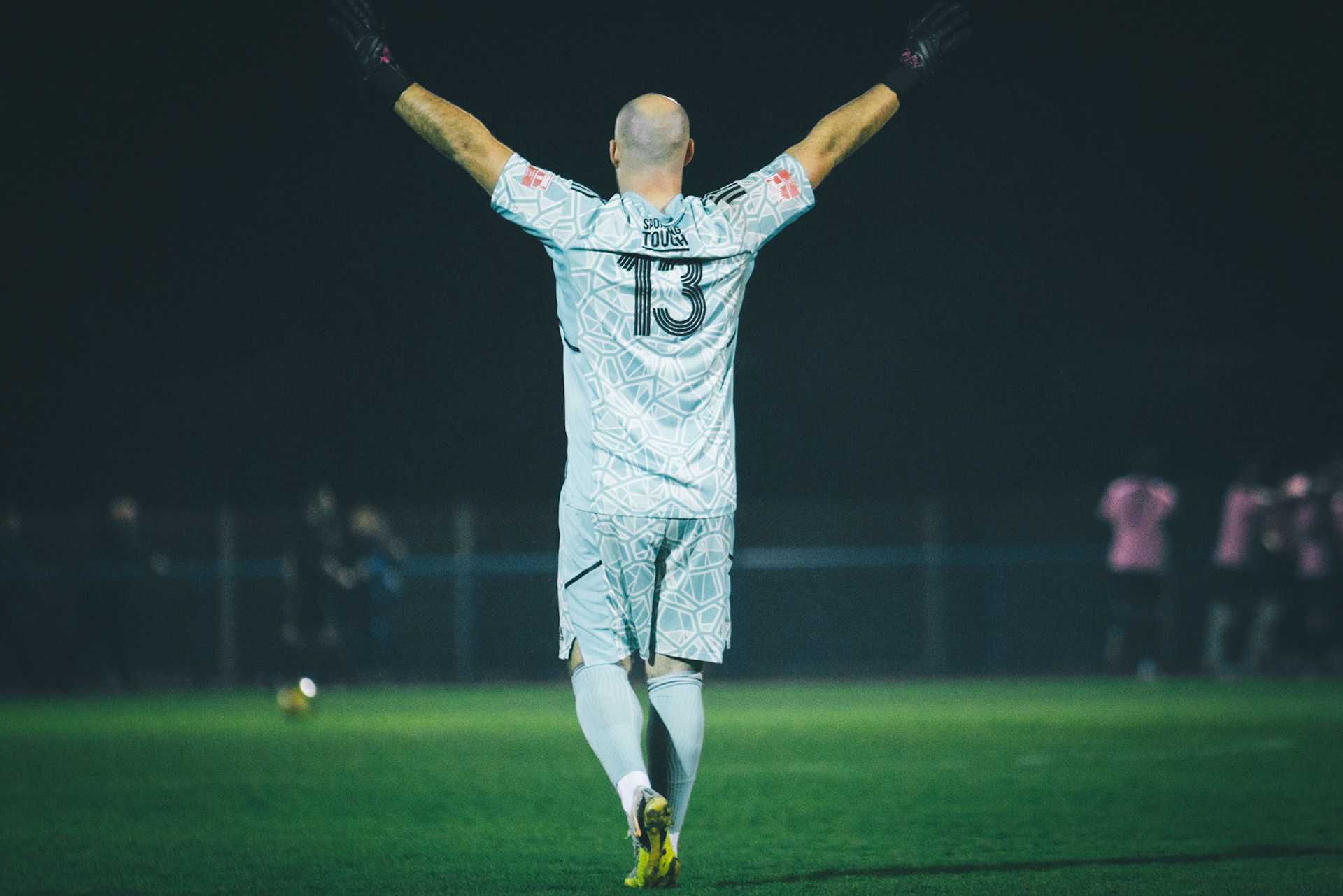 Nuneaton Gk celbrates going 1 nil up