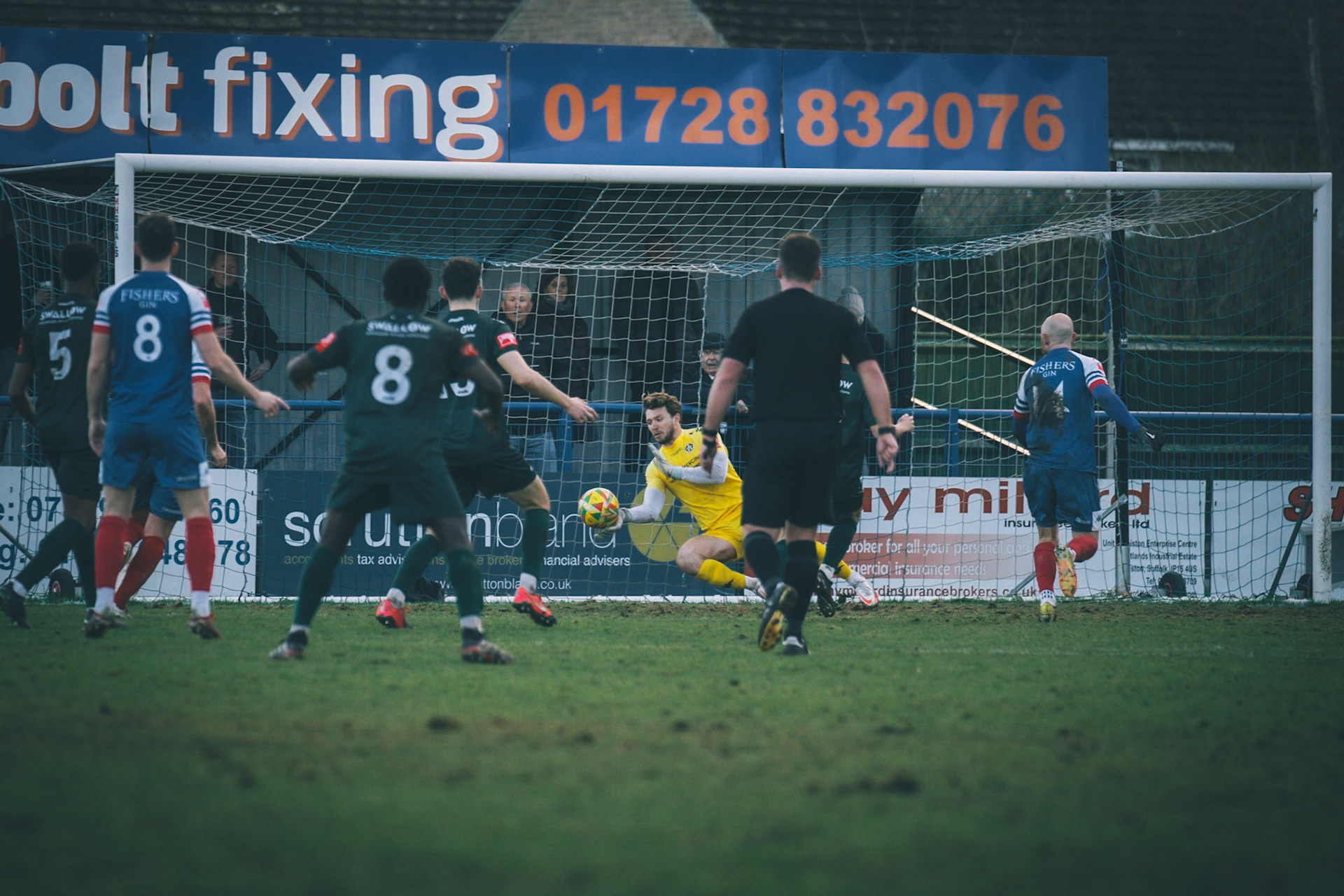 Sam Donkin pulling off a point blank save in the 93rd min to keep the score 3-2 to leiston