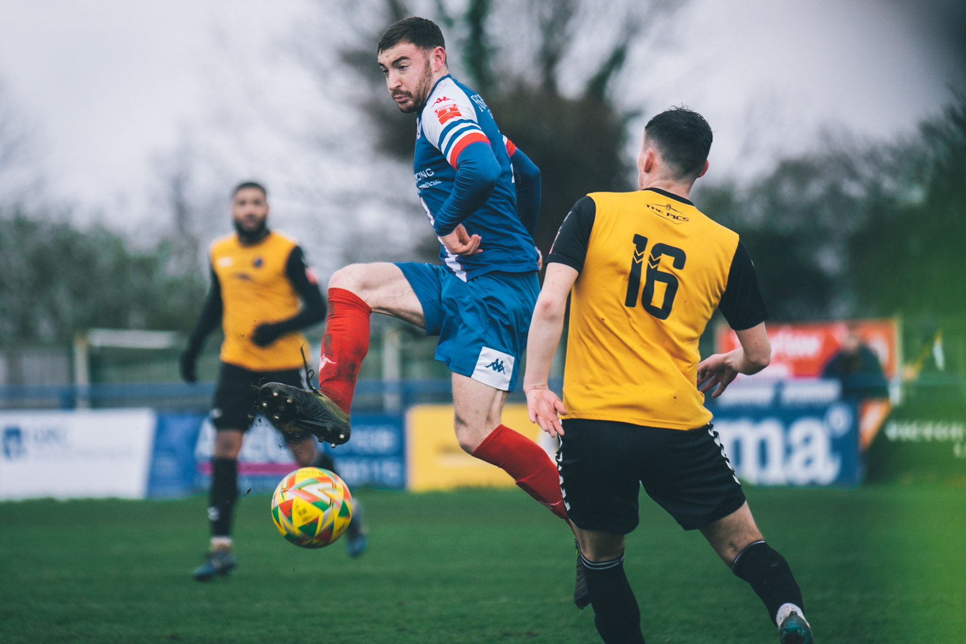 Leiston Midfielder plucking a ball down for a first time pass