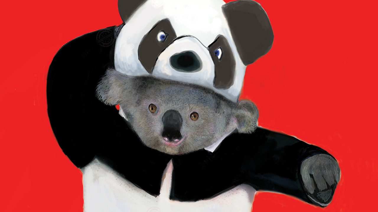 Painting of a koala wearing a panda suit on a red background