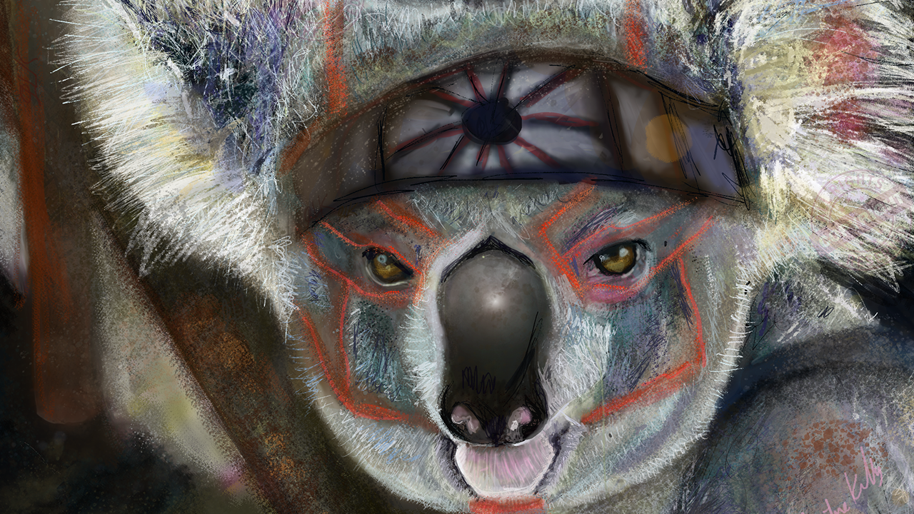 Painting of a koala in karate face paint