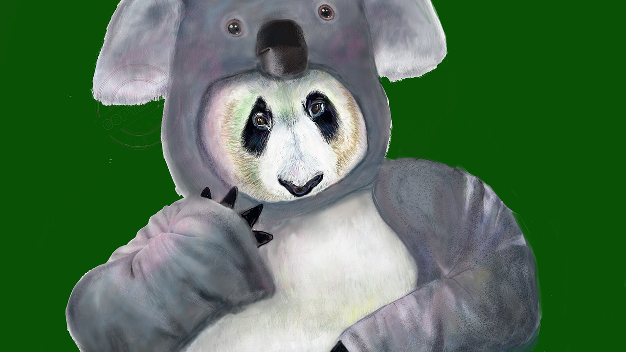 Painting of a panda wearing a koala suit on a green background