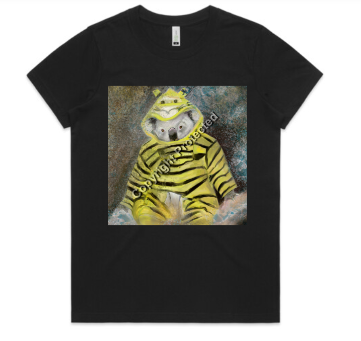 Black t-shirt printed with Koala in a Tiger Onesie, a painting by Justine Kelly