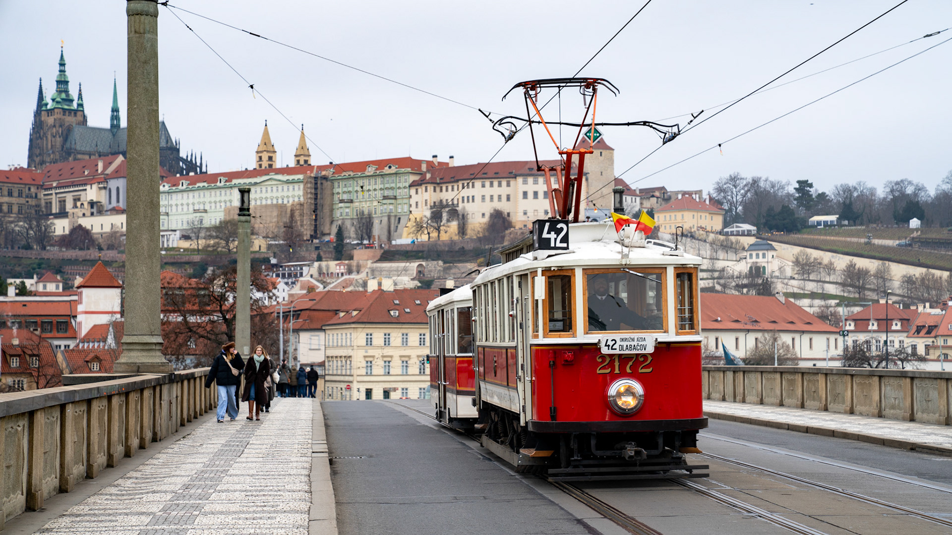 Vintage tram with castle