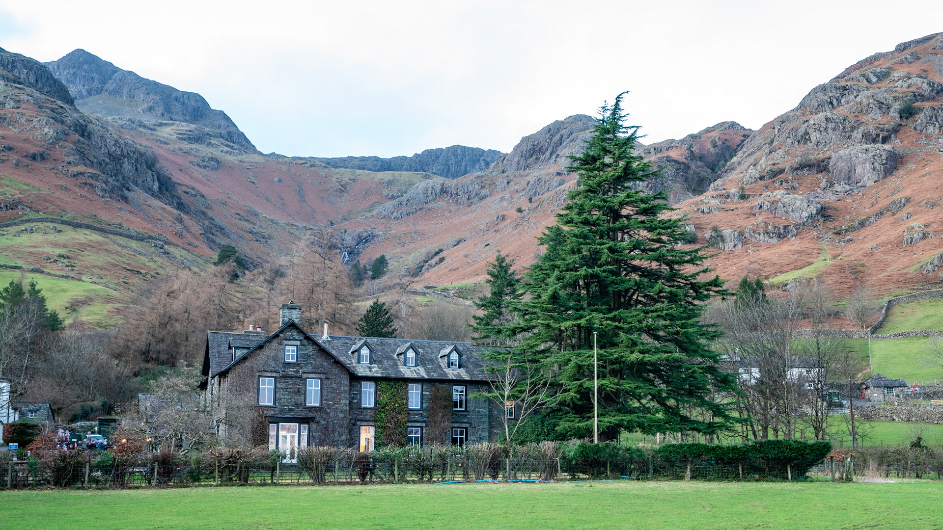 New Dungeon Ghyll hotel with route up Stickle Ghyll behind