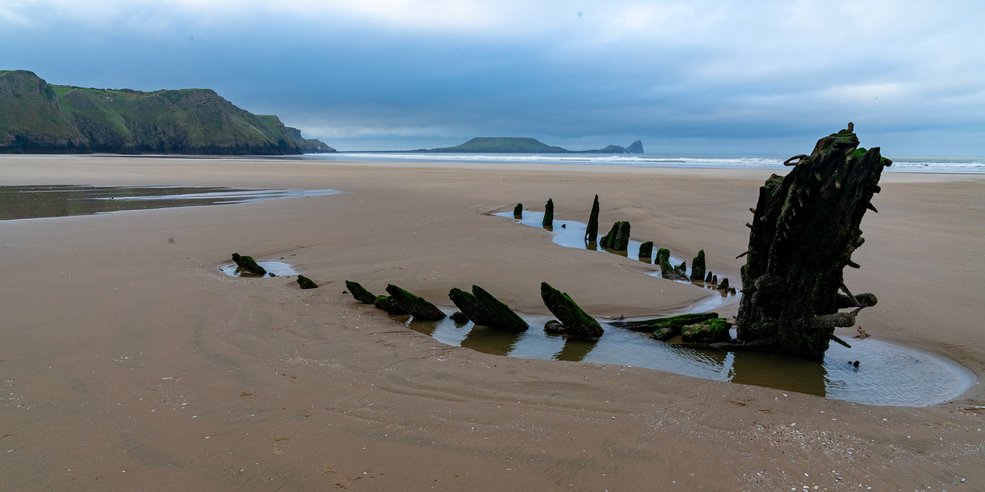 Remains of the Norwegian barque Helvetia on Rhossili Beach, lost in 1887