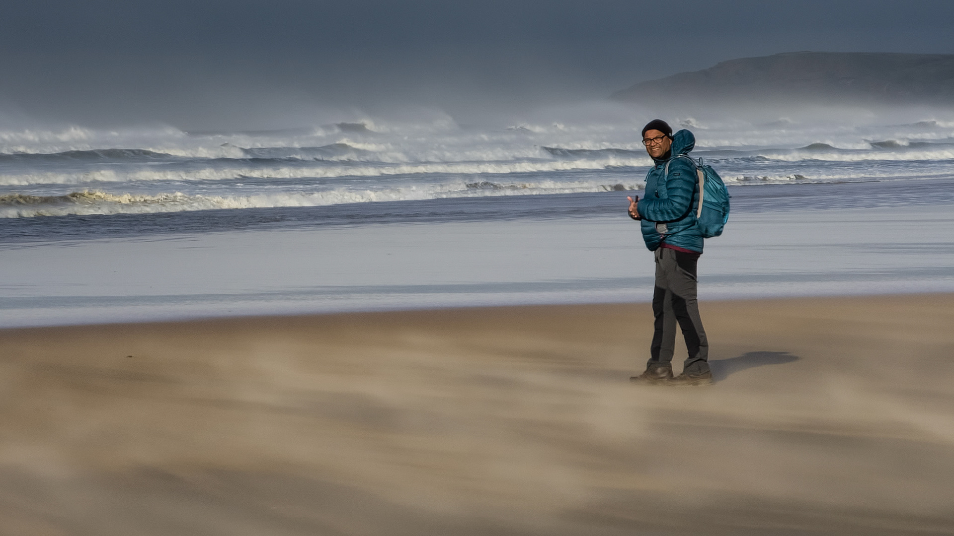 Rhossili Beach, 'dry ice' sand whipped by the wind