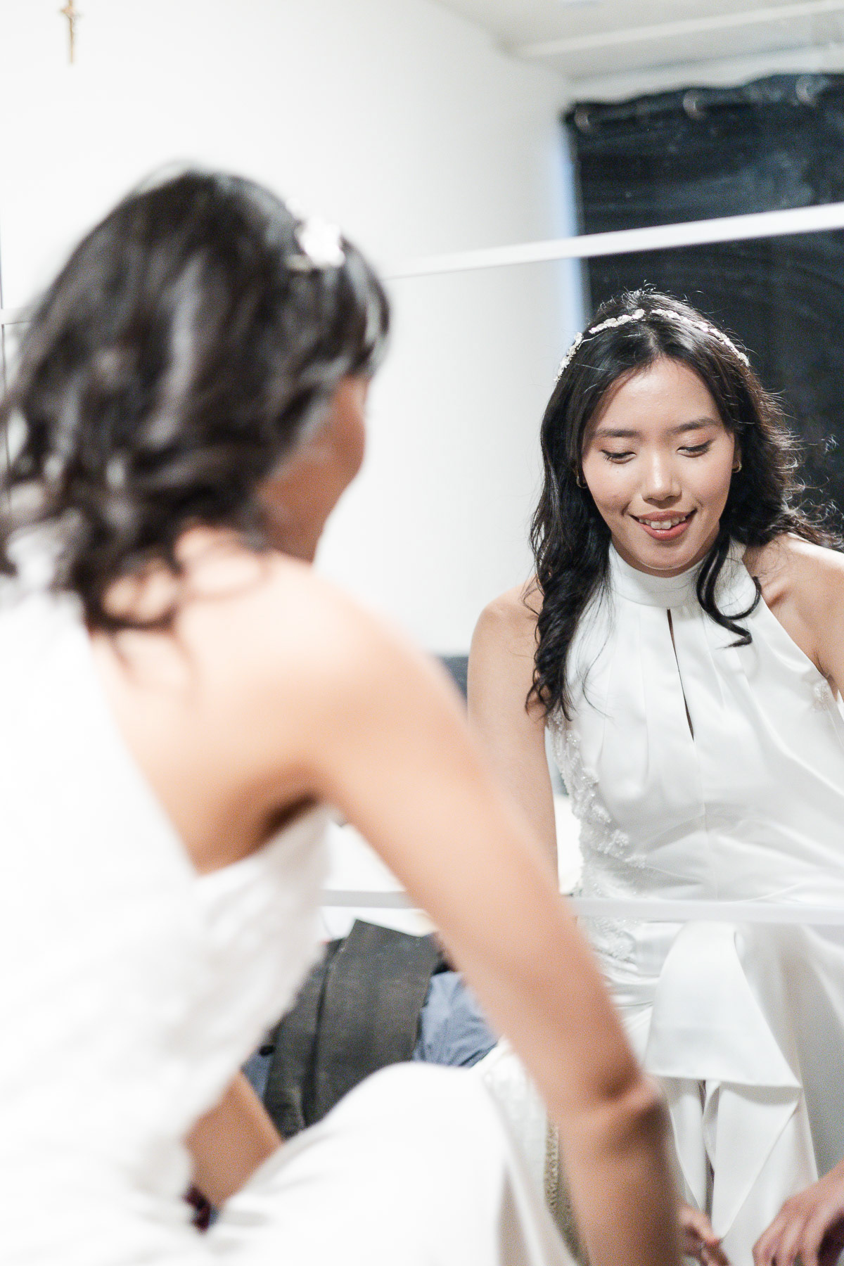 The bride preparing for her wedding day at the church.