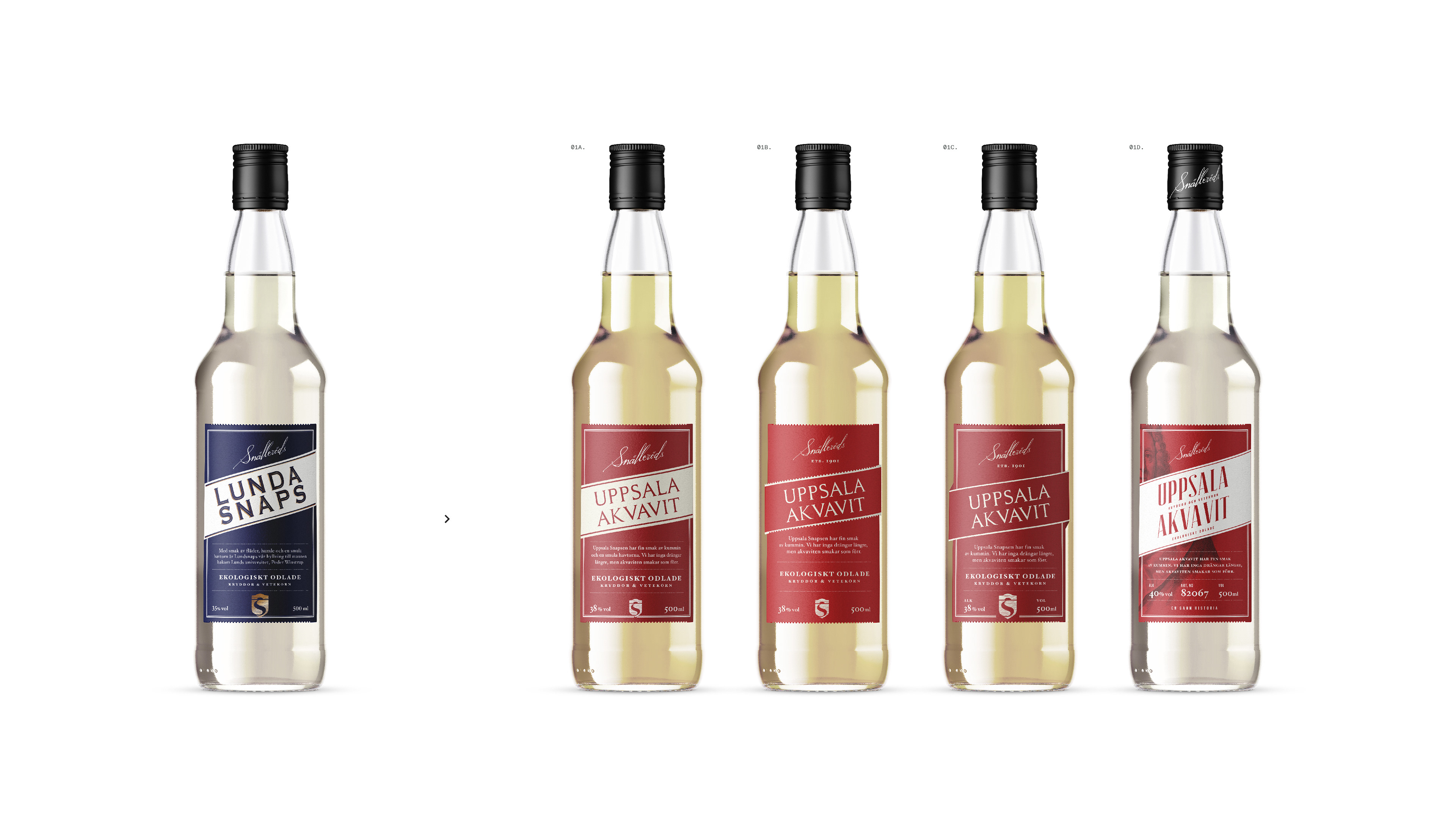 Snälleröds Uppsala Akvavit. New product packaging for a new local range of akvavit by Swedish heritage distillery Snälleröds. The new range celebrates Swedish universities and their love for the noble drink Akvavit in academic festive traditions. Project Conducted while working as Junior Designer at Bold Scandinavia. I was responsible for early concept and visual exploration all the way to concept sign off and production of bottle labels.