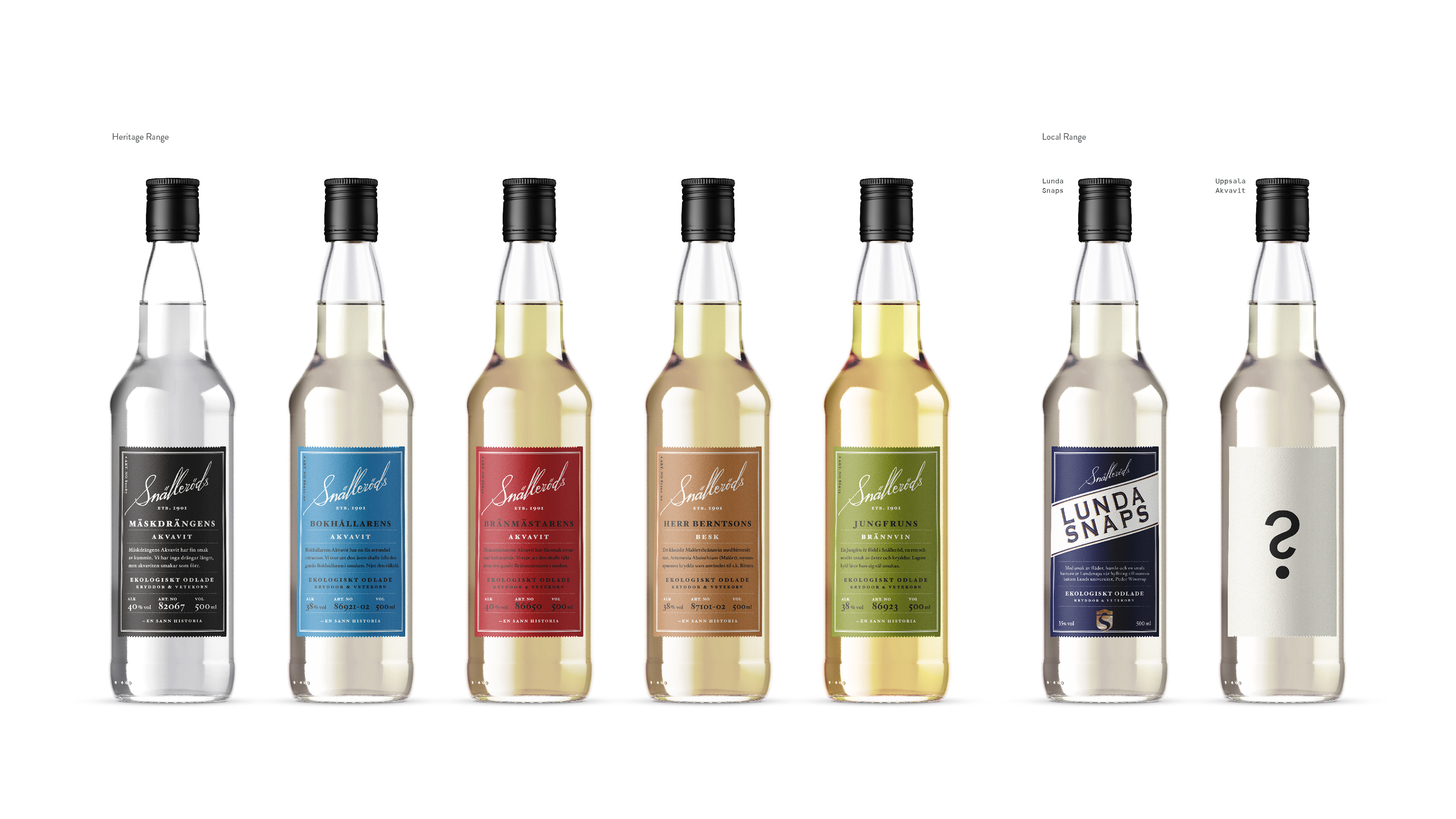 Snälleröds Uppsala Akvavit. New product packaging for a new local range of akvavit by Swedish heritage distillery Snälleröds. The new range celebrates Swedish universities and their love for the noble drink Akvavit in academic festive traditions. Project Conducted while working as Junior Designer at Bold Scandinavia. I was responsible for early concept and visual exploration all the way to concept sign off and production of bottle labels.
