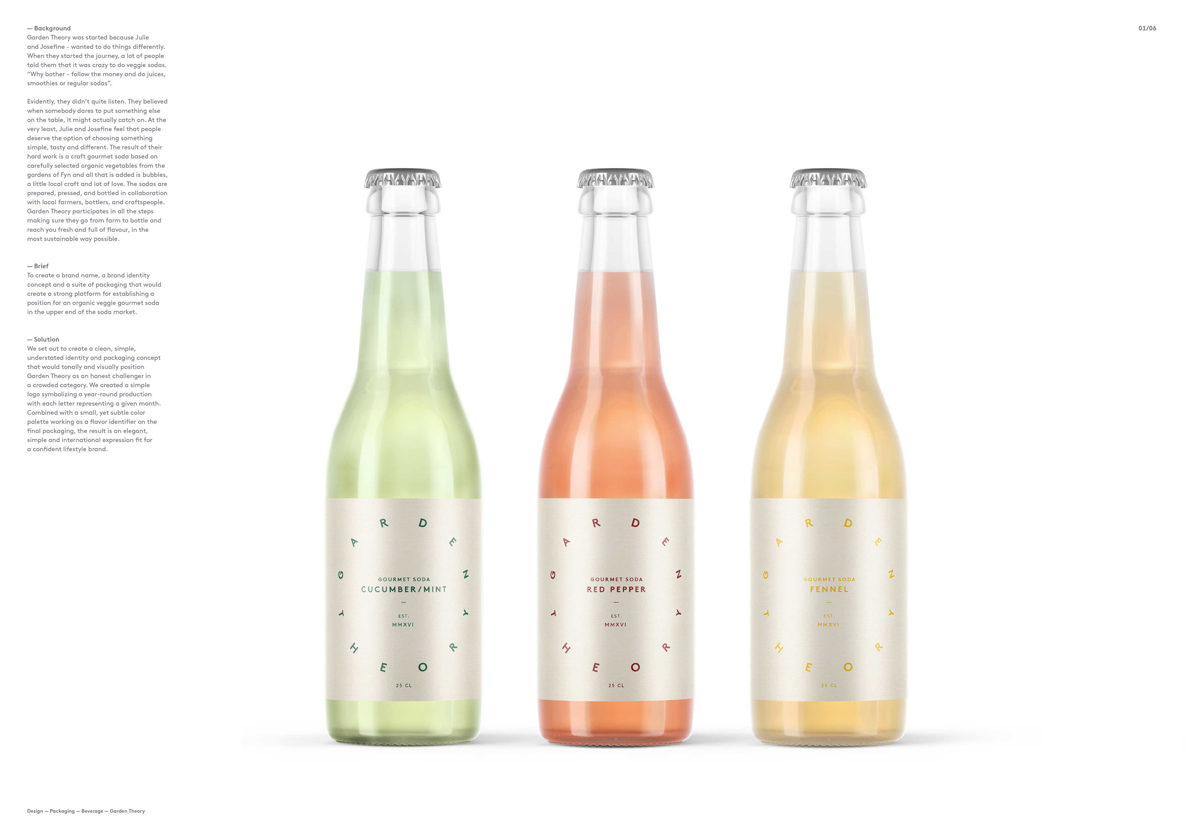 Create a brand name, a brand identity concept and a suite of packaging that would create a strong platform for establishing a position for an organic vegetable gourmet soda in the upper end of the soda market
