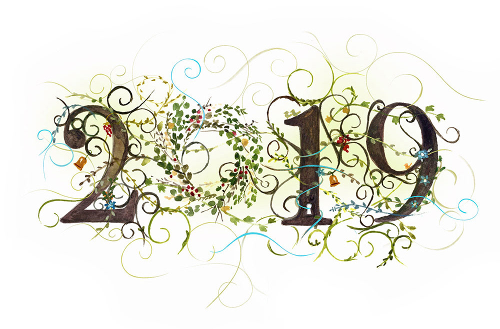Hand-painted 2019 calligraphy with floral wreath and birds