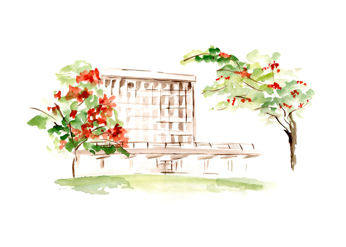 watercolor illustration of the stone administration building at the Weizmann Institute of Science