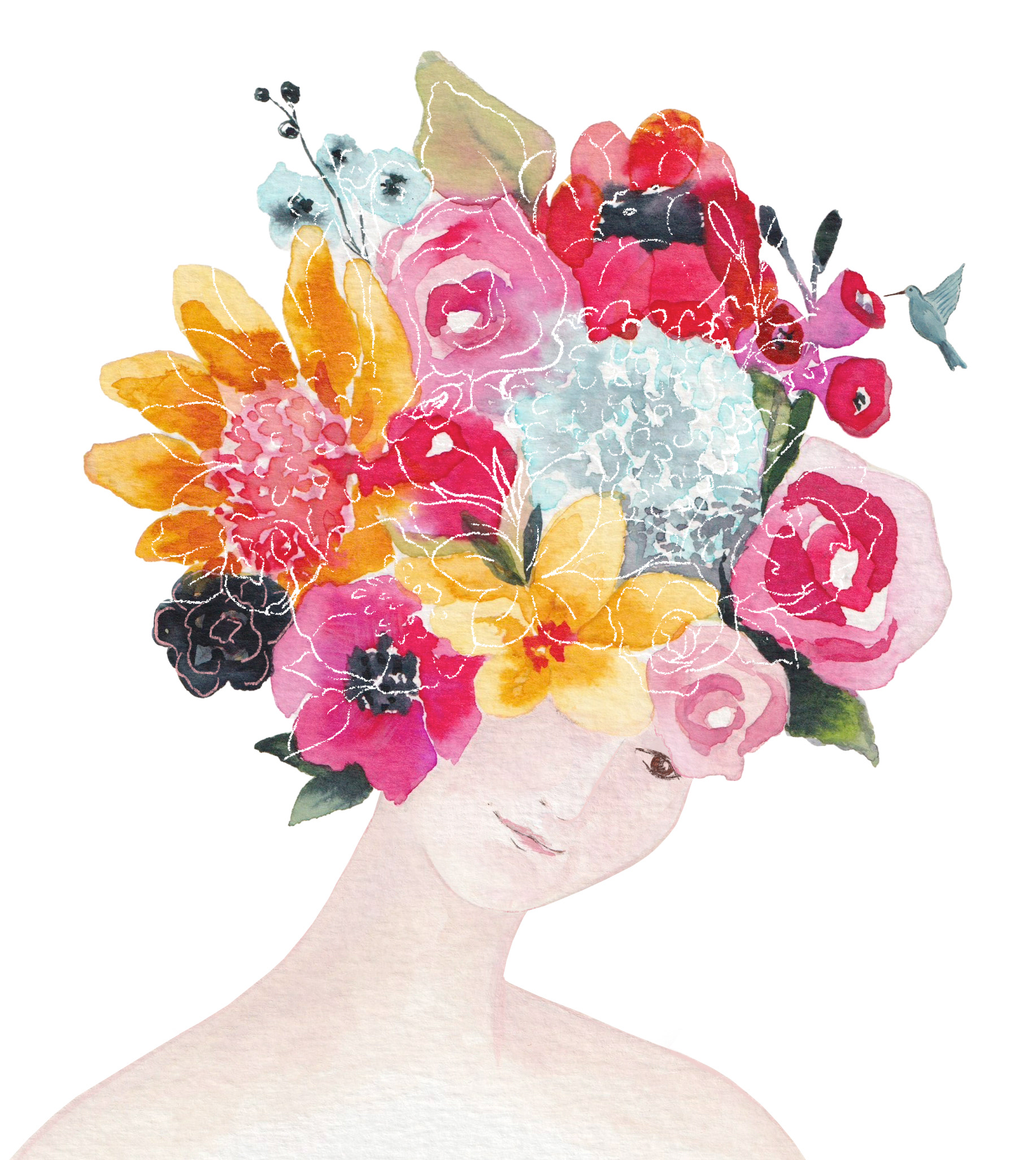 portrait of a woman with flowers covering her head