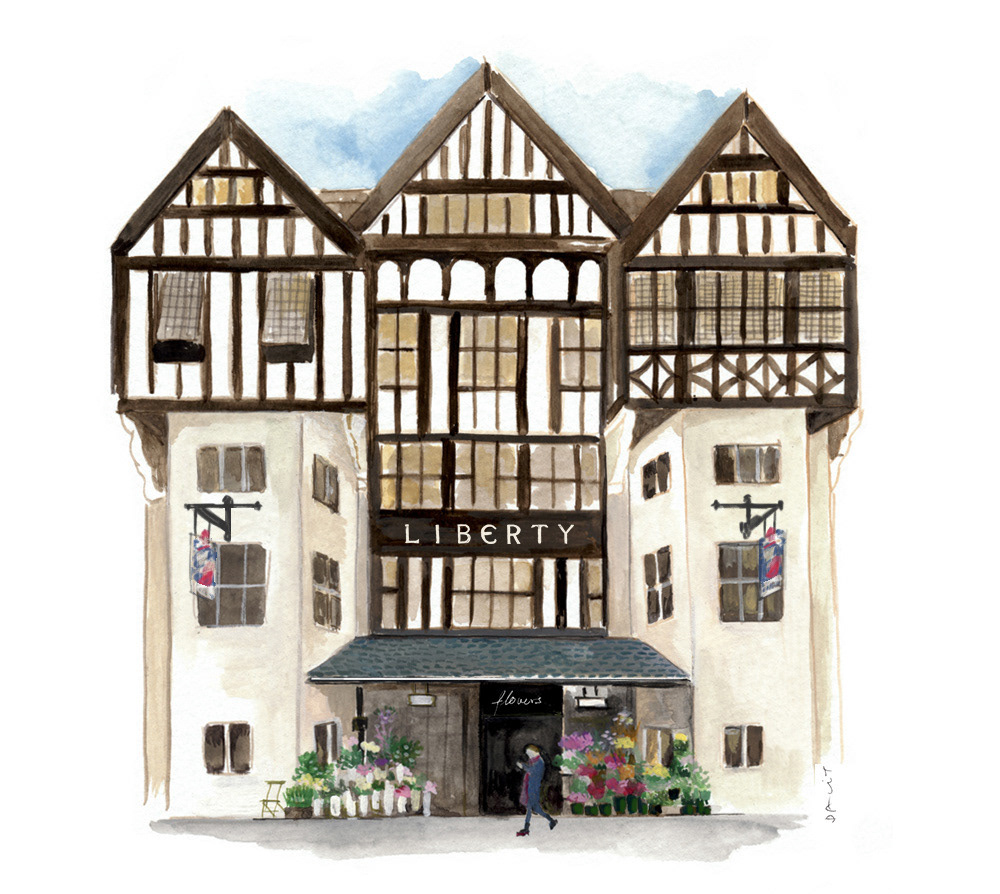 A delicate watercolor illustration capturing the iconic Liberty Building in London