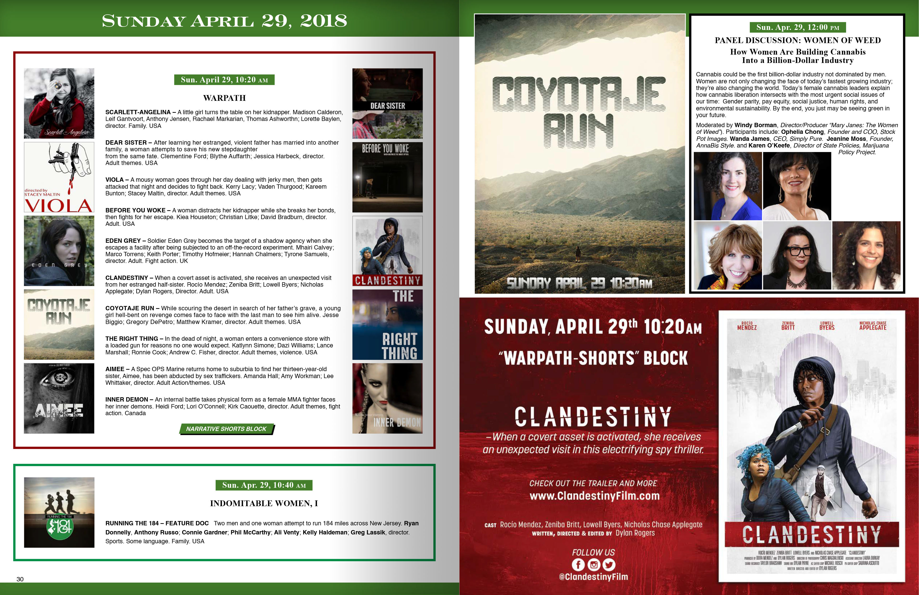 Film Festival Program page spread: The Artemis Women in Action Film Festival IV 2018