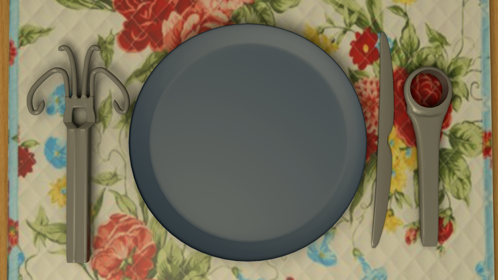 A render of the place setting and purposely useless utensils enhanced in Photoshop.