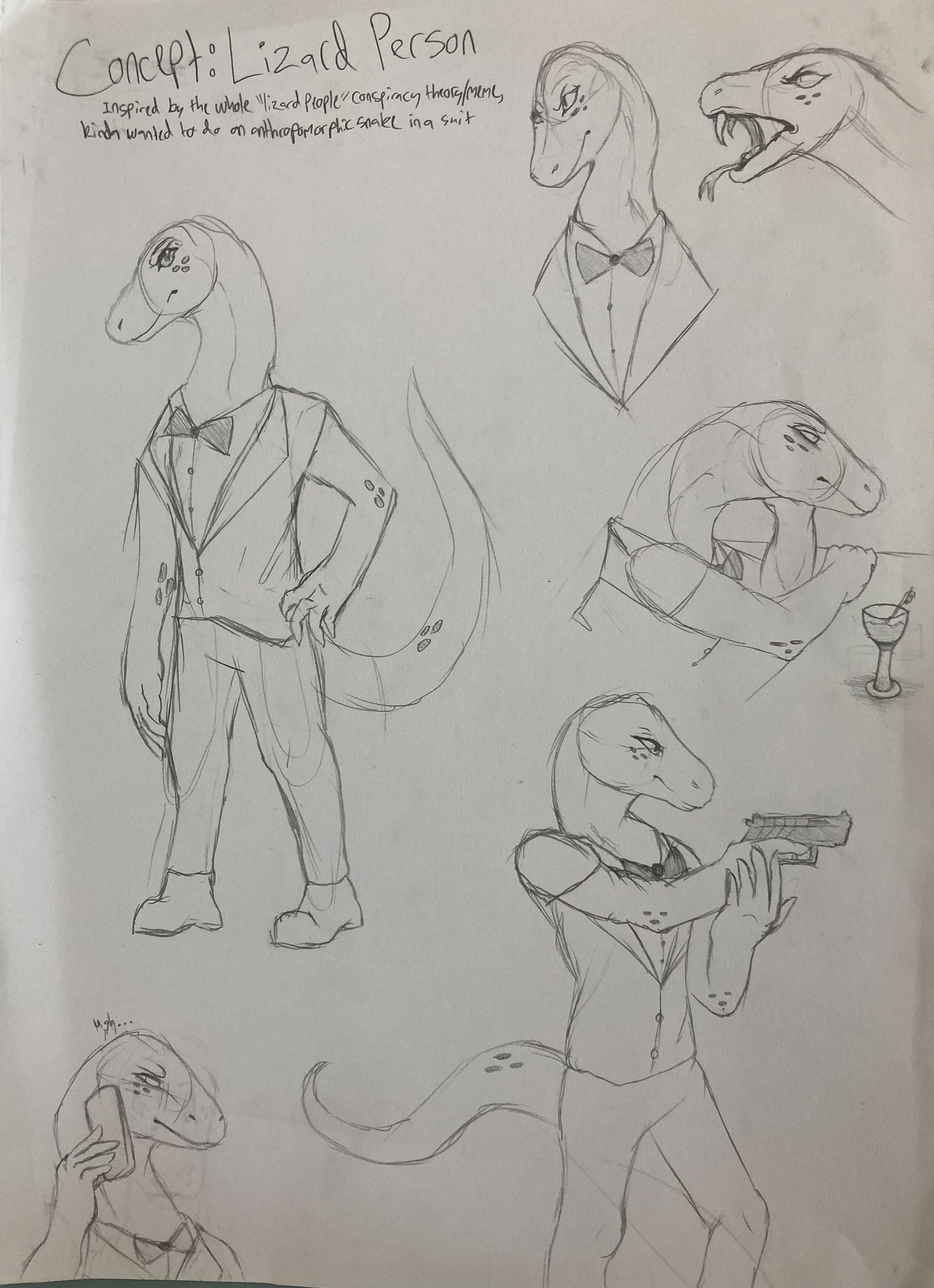 Concept art of a snake character I later drew digitally, rigged and animated for my 2D rigging class.