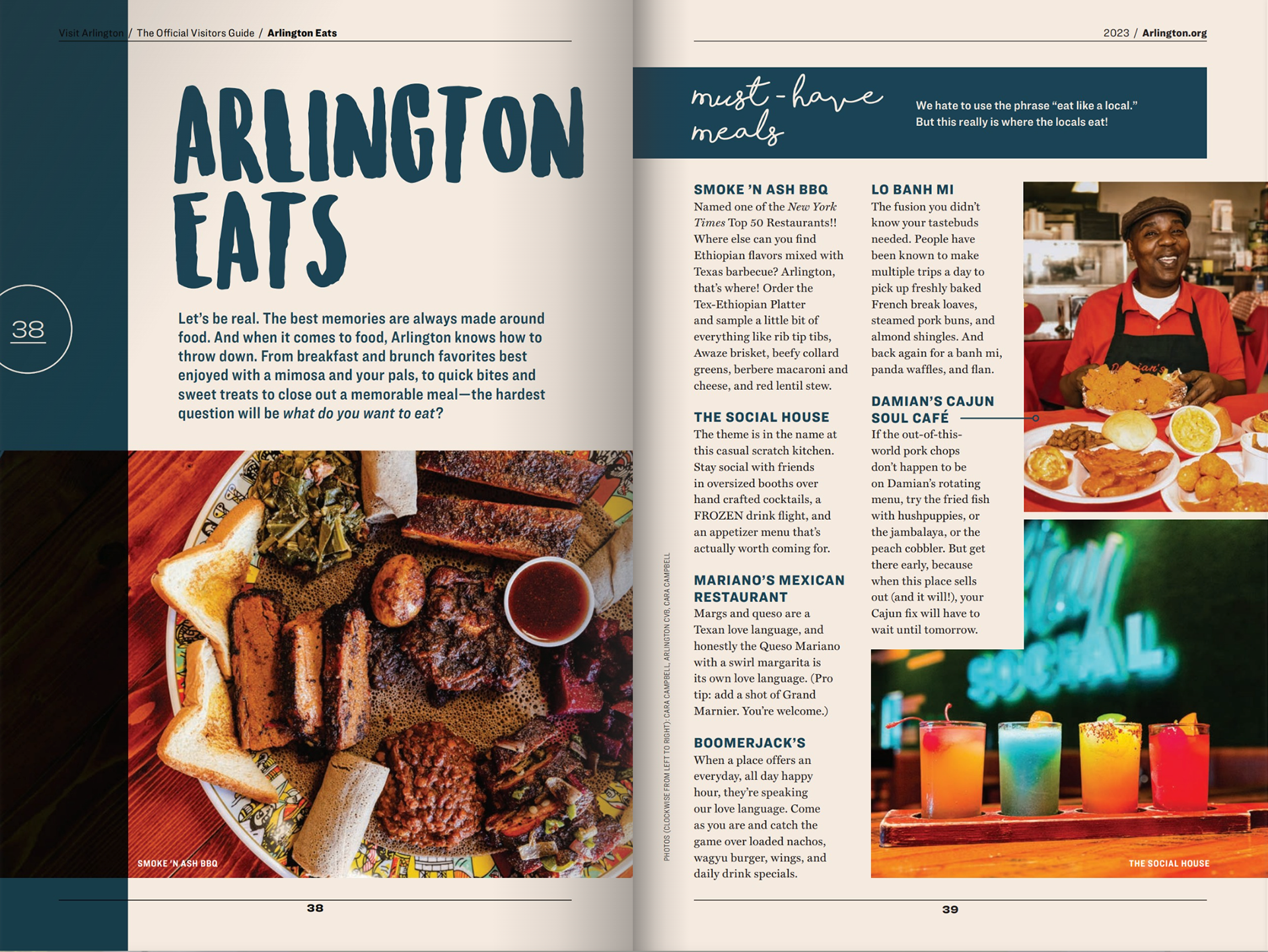 Captured images of a Smokin' Ash BBQ plate and cocktails at Social House in Arlington, featured on pages 38 and 39.