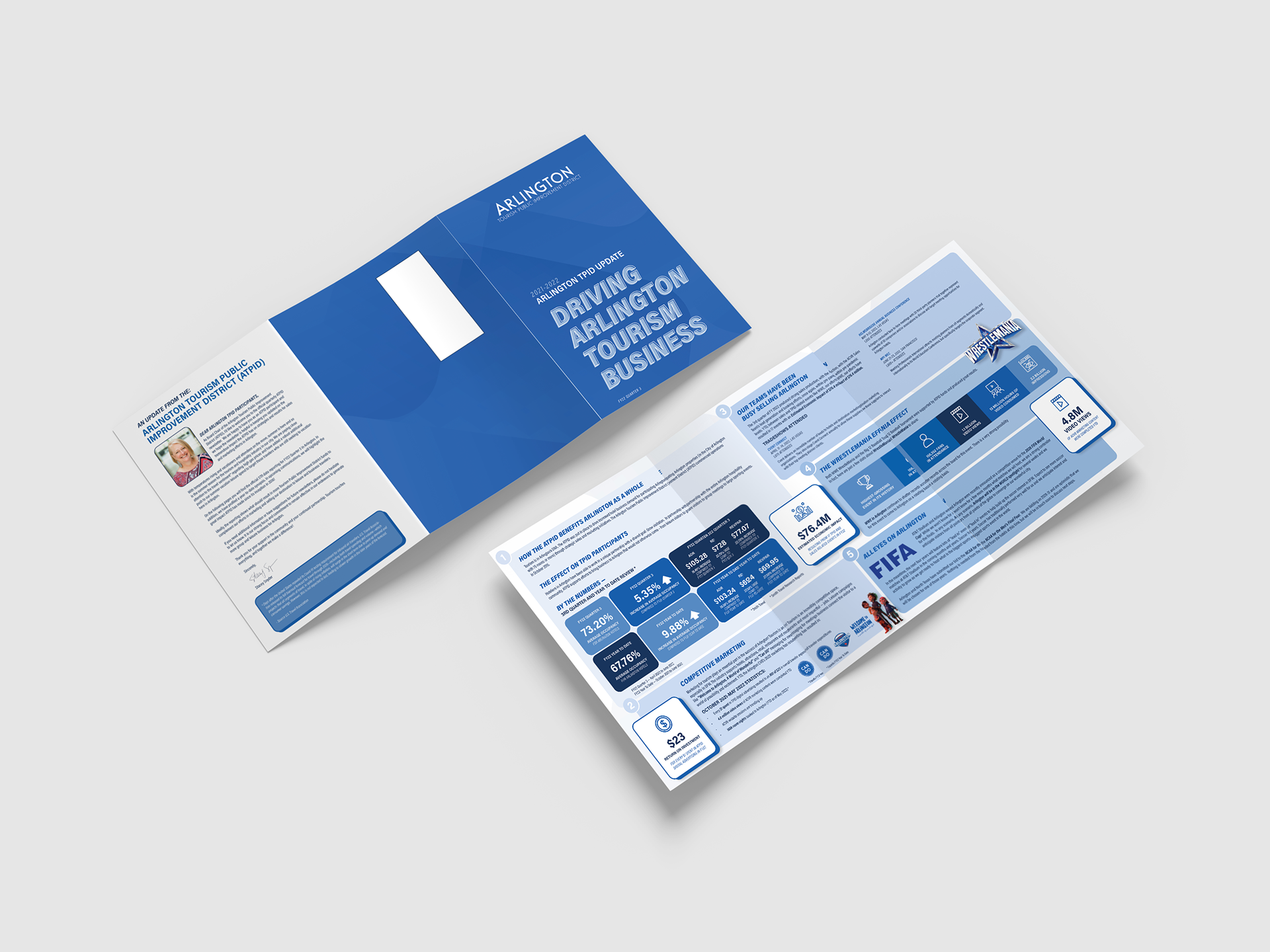 First iteration trifold brochure showcasing how Arlington TPID dollars impacted tourism in Arlington, Texas in Q3 of 2022.