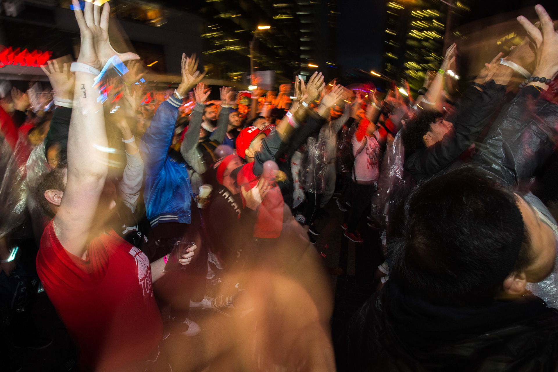 TORONTO--June 10, 2019 - Fans cheer a basket by the Toronto Raptors during game 5 of their NBA championship final series with the Golden State Warriors.