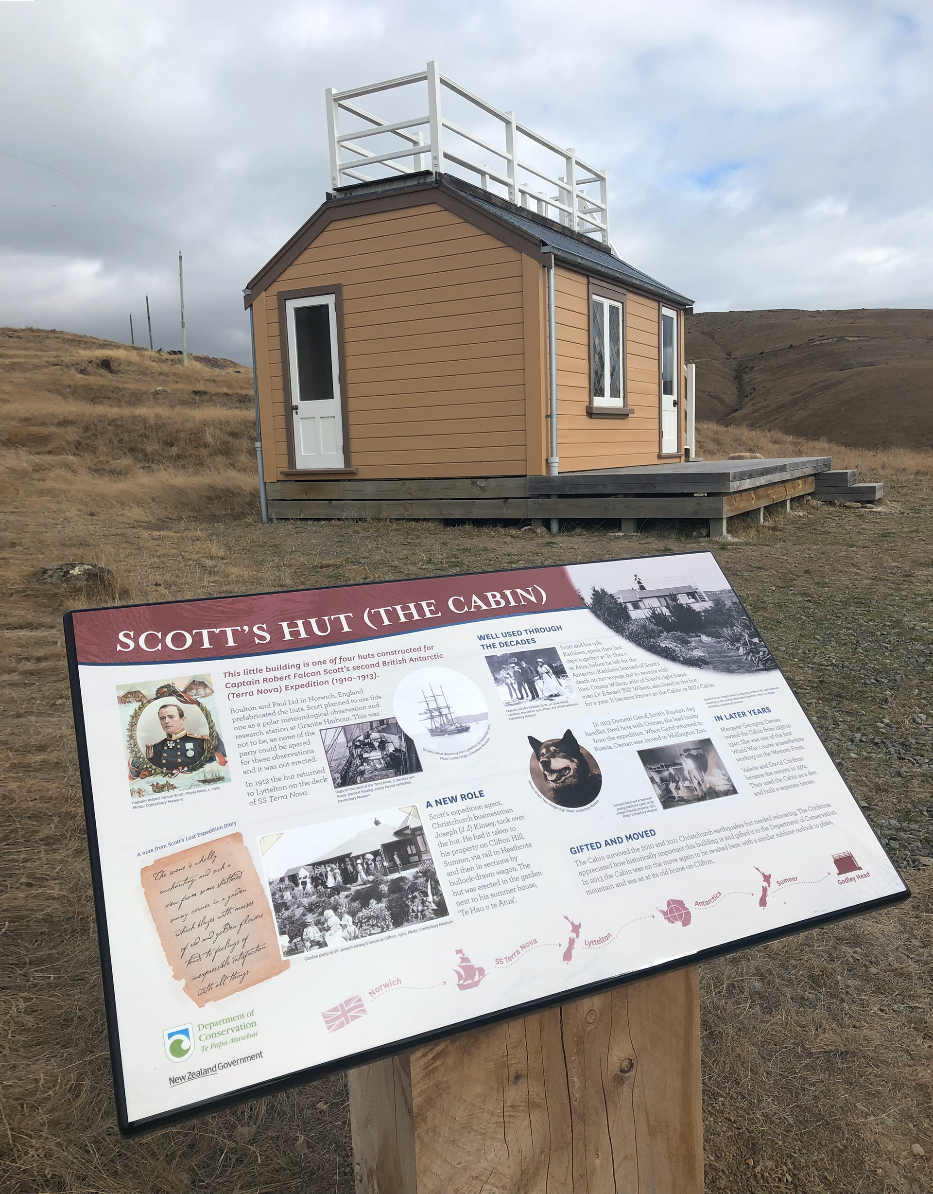 nterpretation panel about ‘The Cabin’ (Scott’s Hut) by Laura Fisher, using images, color, texture, and infographics to present historical information in an engaging and easy-to-understand way.