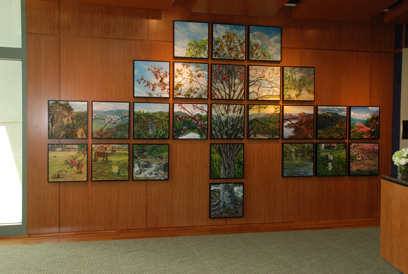 Piedmont Tree Installation, oil on canvas, 25 panels, each panel 20in x 20in, 2008