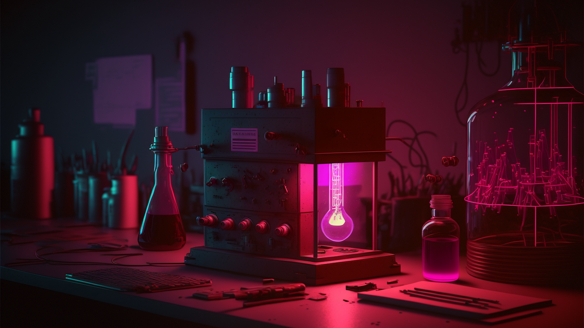 Establishing Shot, Experimental apparatus glowing pink on a desk in a dark basement lab, Basement, lab, laboratory, dark, glowing outline, gloomy