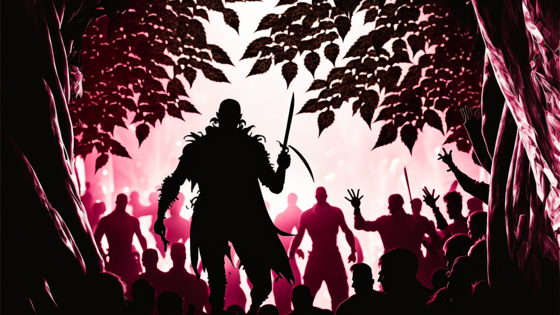 Movie scene, action scene, POV, lots of people with armor and blades coming at you, strong backlighting, silhouette, pink leaves dancing, glowing outline, cinematic lighting, vignette, tension