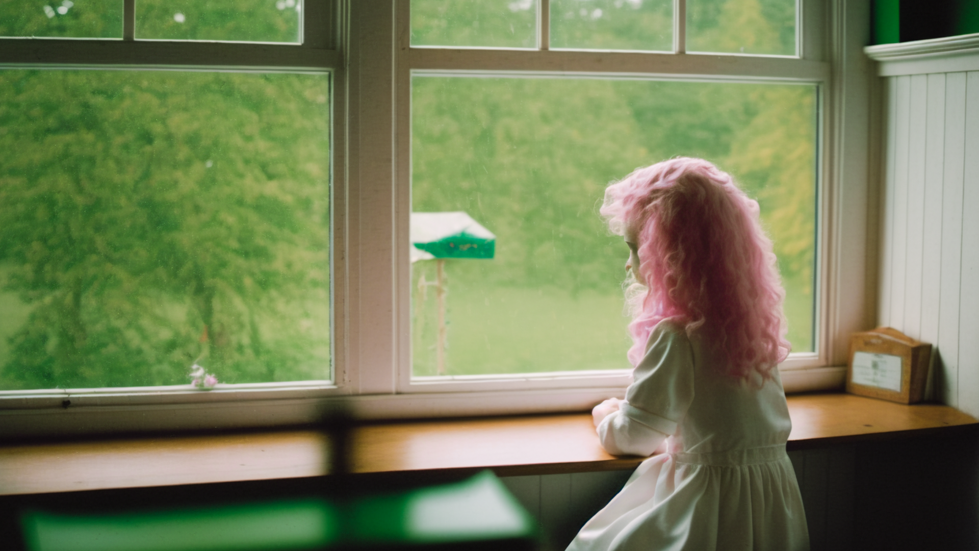 Film scene, Leica Summicron-M 35mm lens, pink haired 15 year old girl in white dress gazing out at window, dark green haired female researcher in lab coat watching from a short distance, small house, small table, small living room, window, outside light, nature outside window