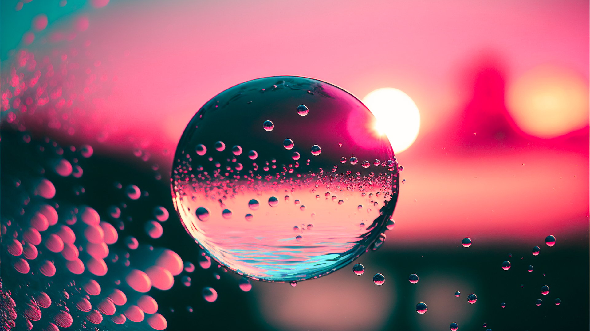 Film scene, taken by telephoto lens, close-up, macro photography, falling water droplets, backlighting, glowing outline, cyan sky, pink sky, vignette, slanting sun, cinematic lighting
