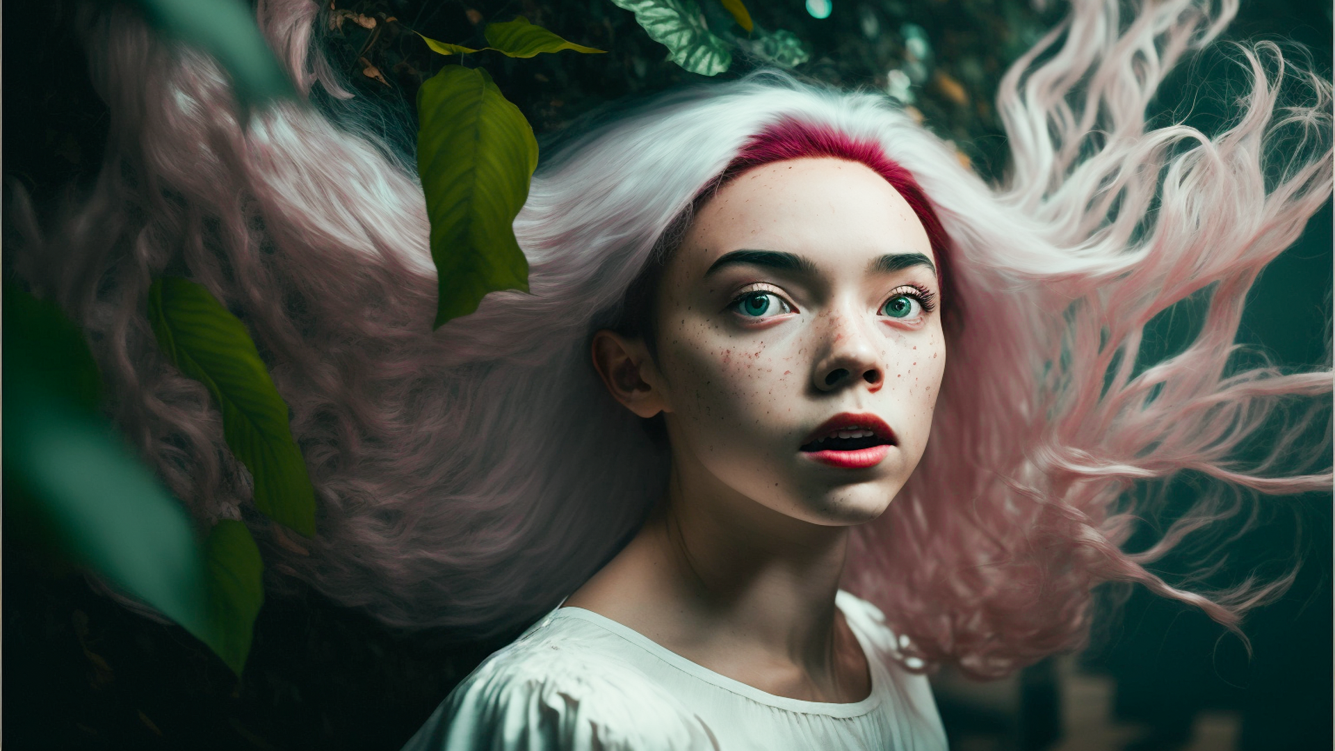 A scene of movie, taken by telephoto lens, pink haired 18 year old girl in white dress with shocked expression looking back, dark green leaves floating, dynamic angle, dramatic moment