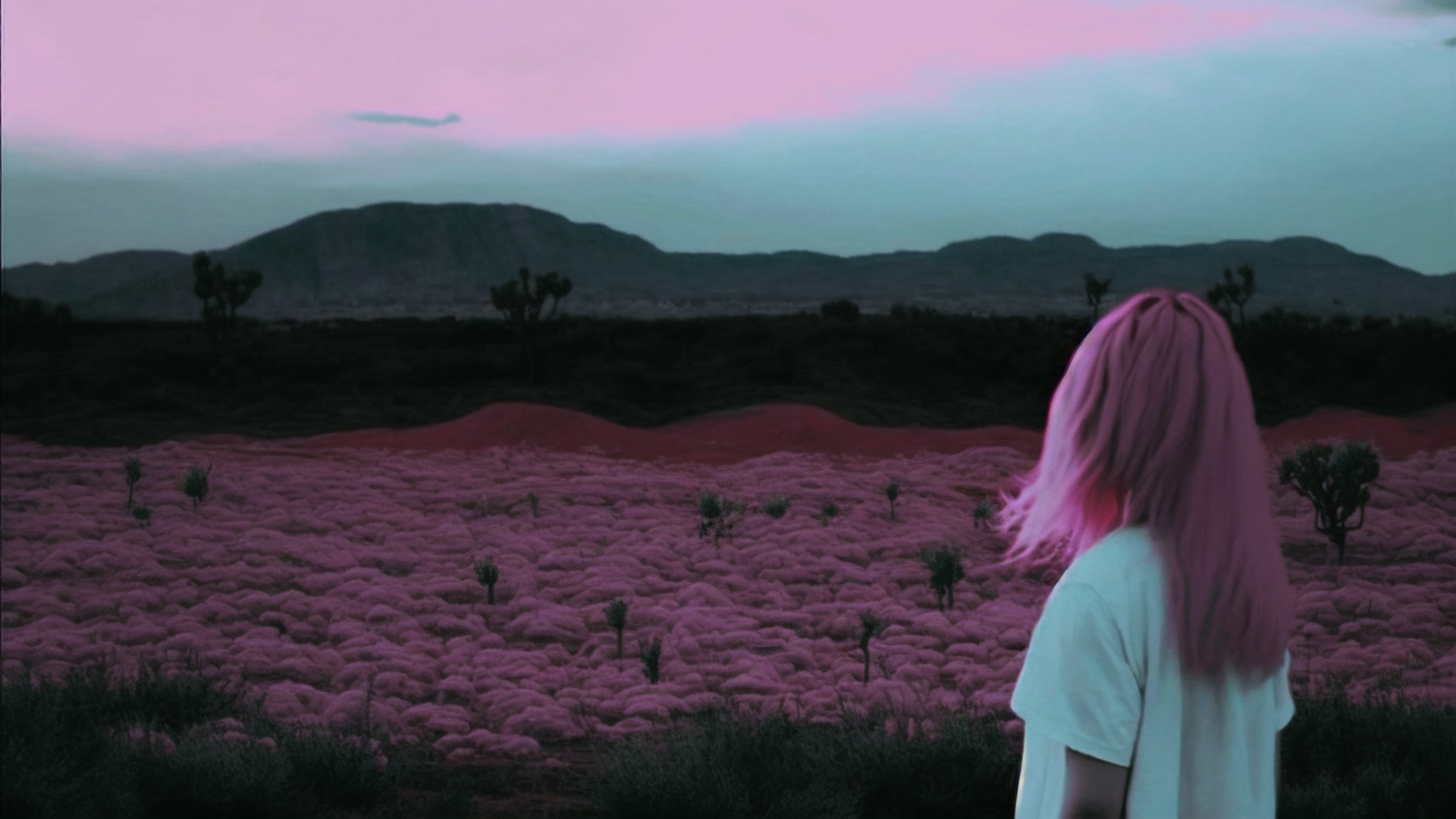A scene of movie, long shot, taken by telephoto lens, 18 year old girl with pink hair in white dress standing in front of a small plant growing on the ground, covering her face and crying, pink wilderness, solitude, dark sky, pink clouds, cyan sky, slanting sun, cinematic lighting