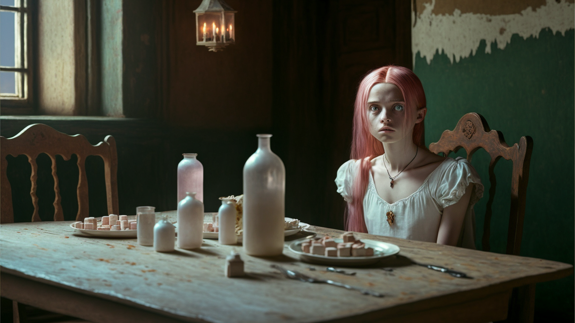 Movie scene, wide angle shot, 18 year old girl with pink hair wearing a white dress with a stunned expression, sitting at a small table in a small house、Empty bottles, plates from, wooden table, wooden architecture, small house, window light, dark interior, solitude, silence