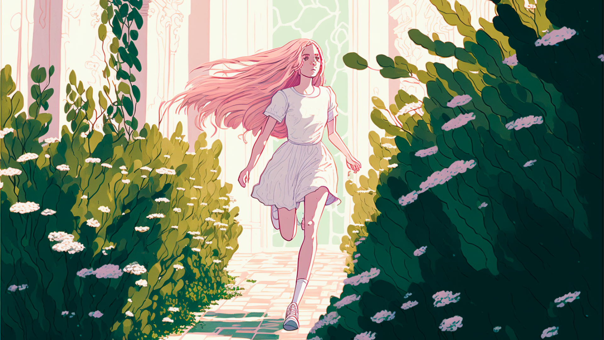 Movie scene, quarter view, one women, taken by 18mm lens, 18 year old girl with long pink hair in a white dress running out of the house, wide world with pink plants growing around her , bright earth, shining leaves, hope, bright, peace