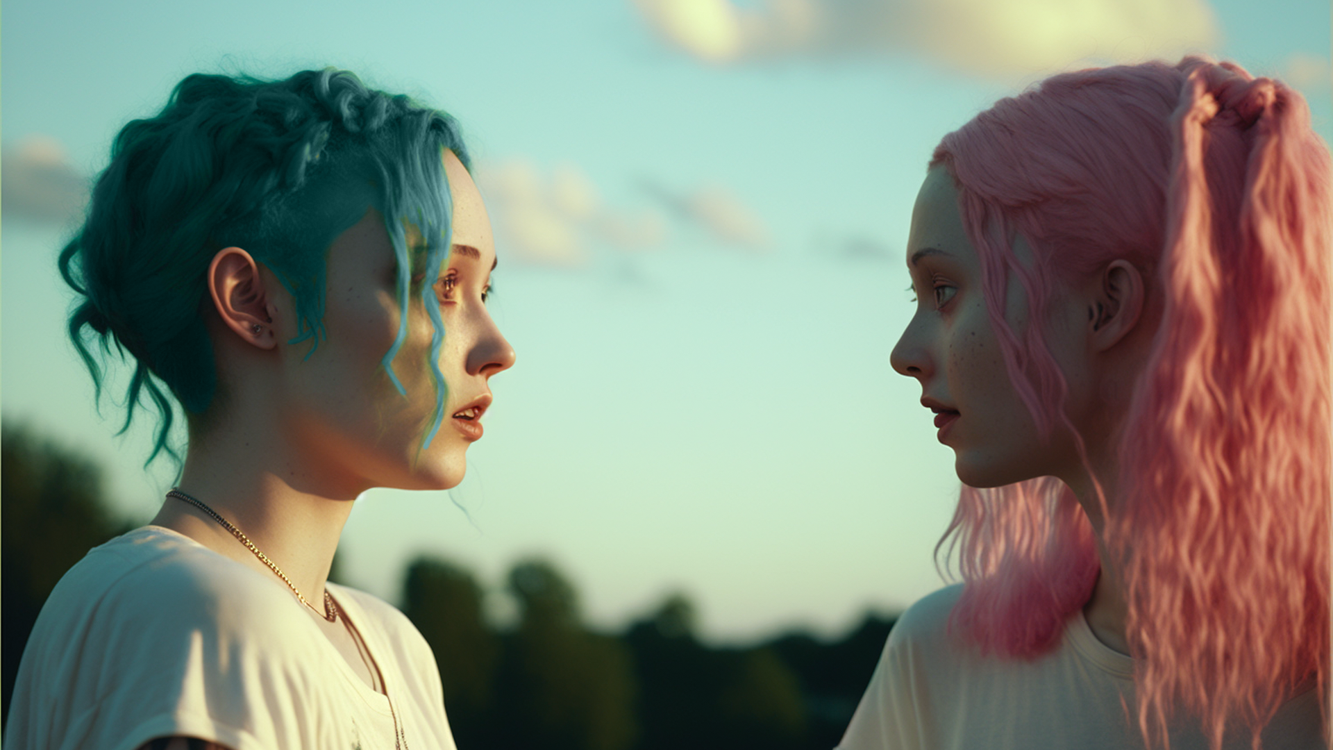 Film scene, two people facing each other, taken by 50mm lens, frightened looking 15 year old girl with green hair in tattered clothes, 18 year old girl with long pink hair in white dress laughing, woman facing each other, over the shoulder scene, pink trees, cyan sky, pink clouds, backlight, cinematic lighting